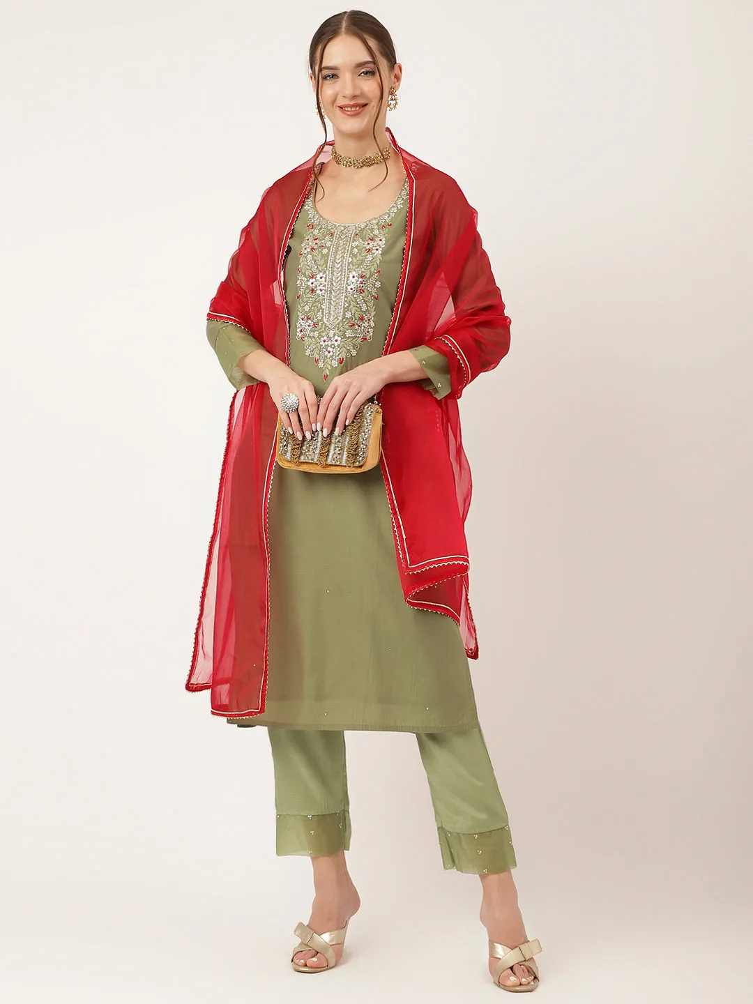 Jashvi Green Embroidered  Chanderi  Kurta, Trouser With Dupatta