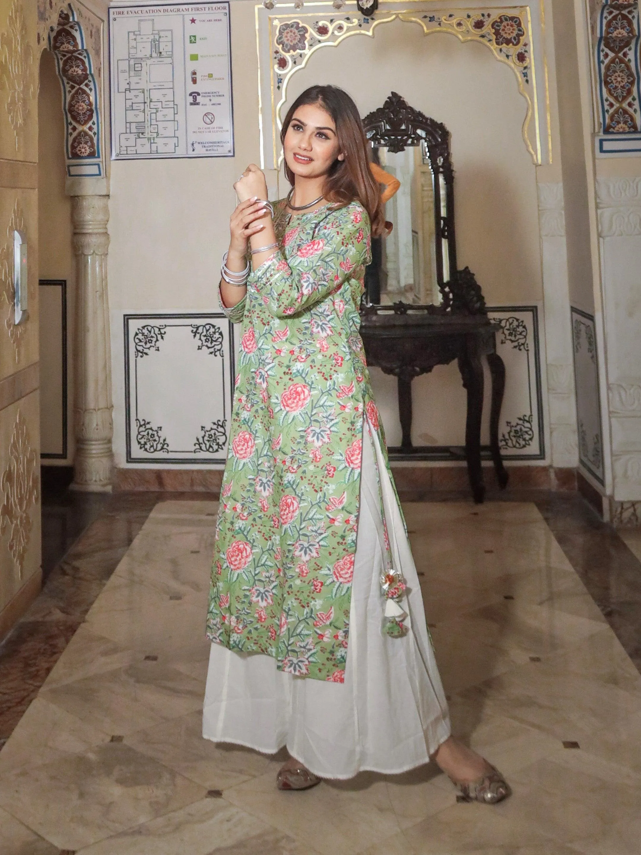 Jashvi Green Printed Cotton Kurta with Palazo Set