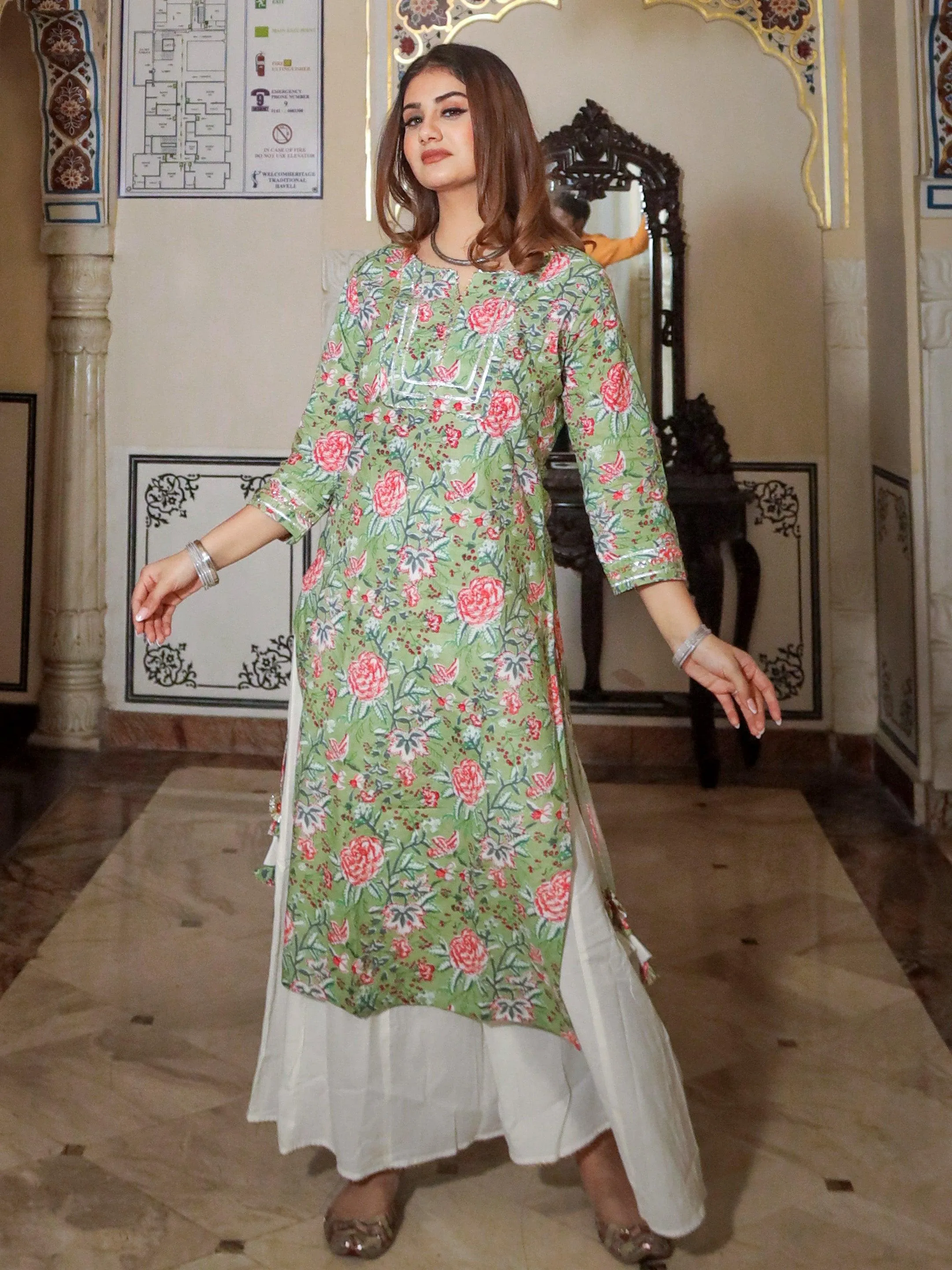 Jashvi Green Printed Cotton Kurta with Palazo Set