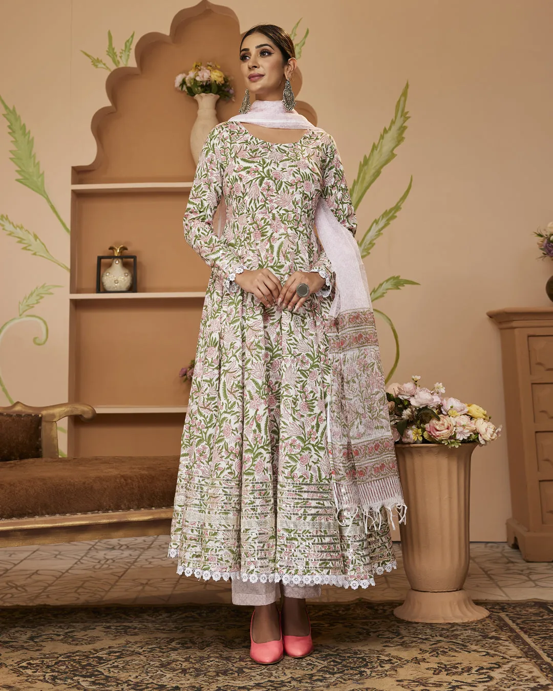 Jashvi Handblock Printed Green Anarkali Cotton Kurta With Trousers & Dupatta