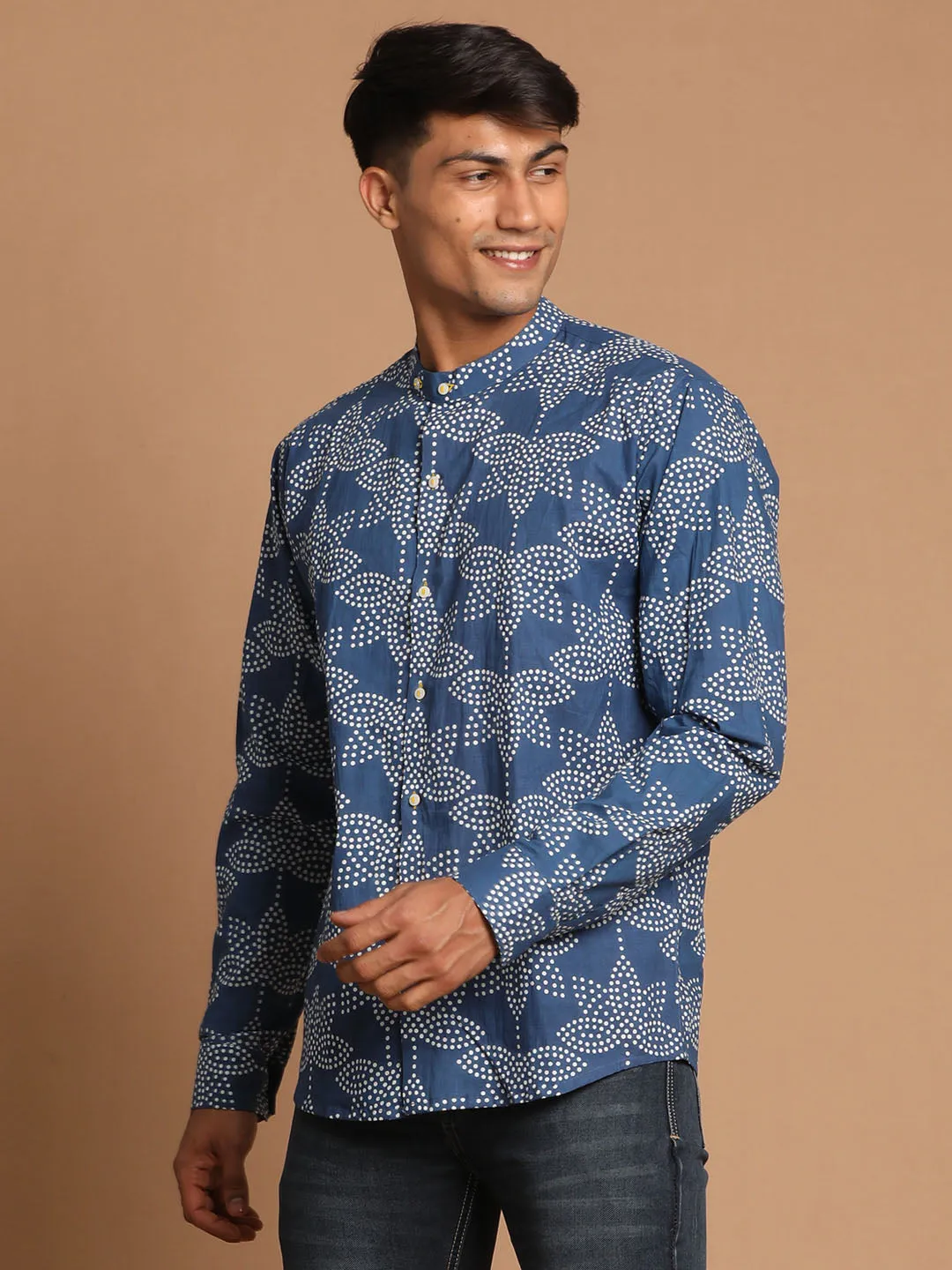 Jashvi Men's Aqua Blue Printed Shirt