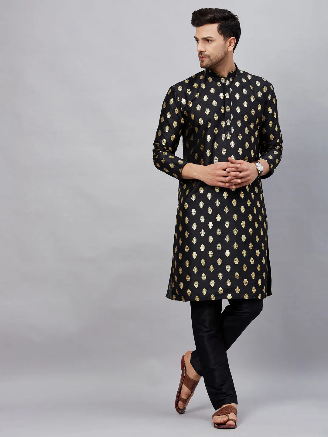 Jashvi Men's Black Foil Print Silk Blend Kurta Pyjama Set