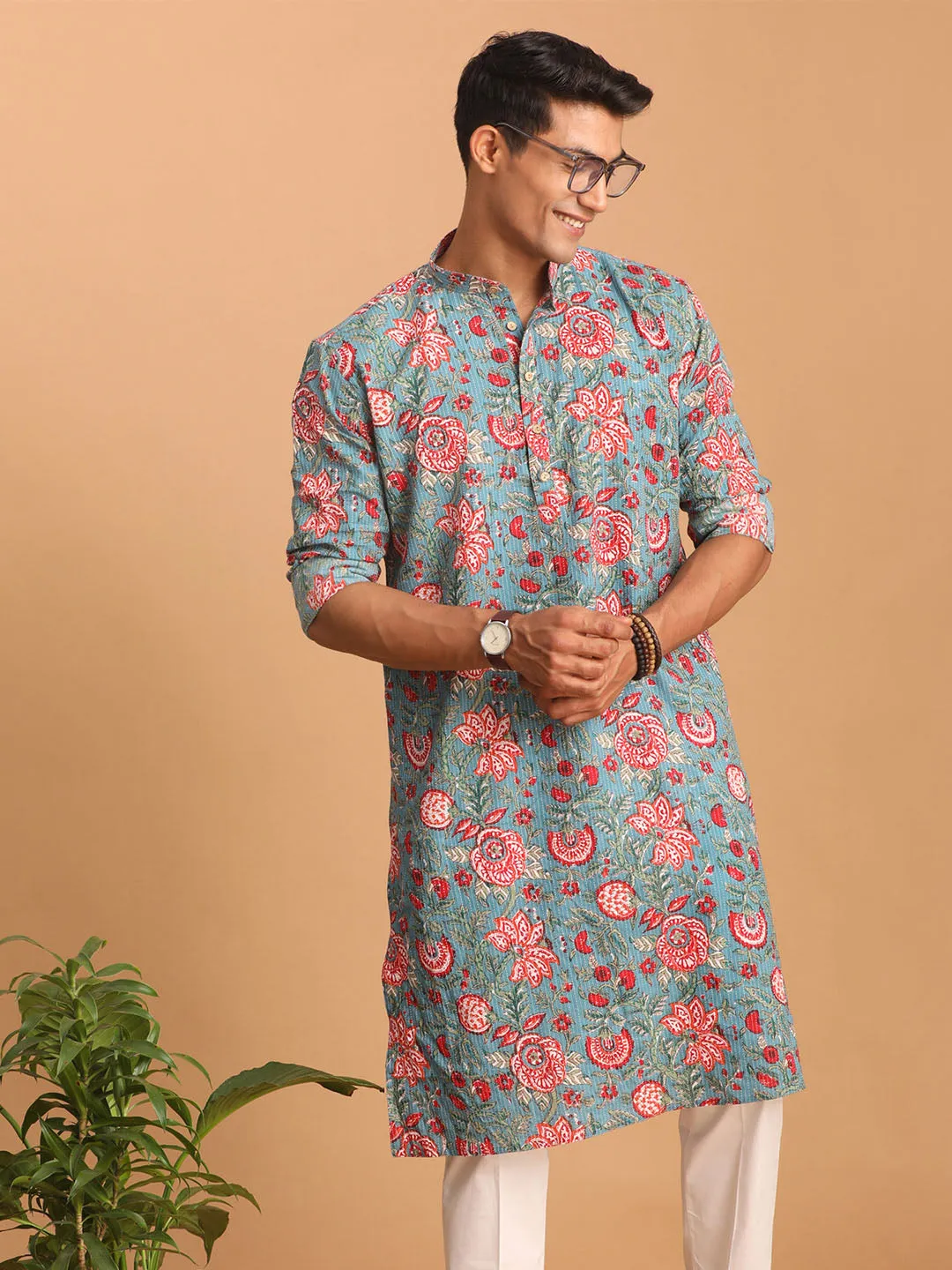 Jashvi Men's Blue And Red Floral Printed Cotton Kurta