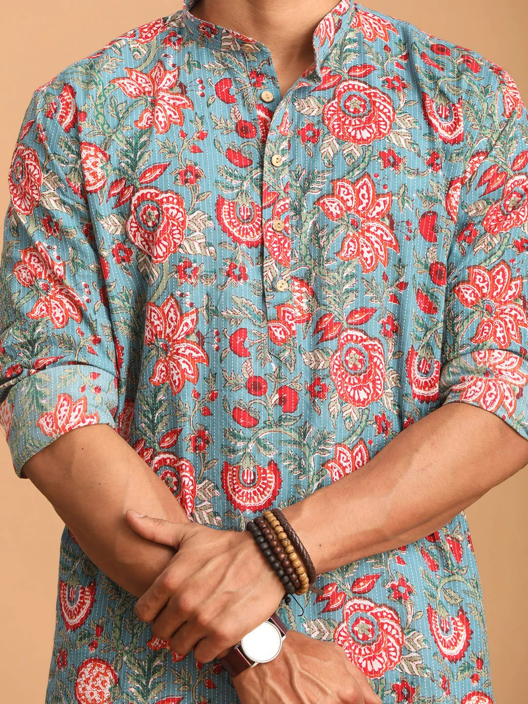 Jashvi Men's Blue And Red Floral Printed Cotton Kurta