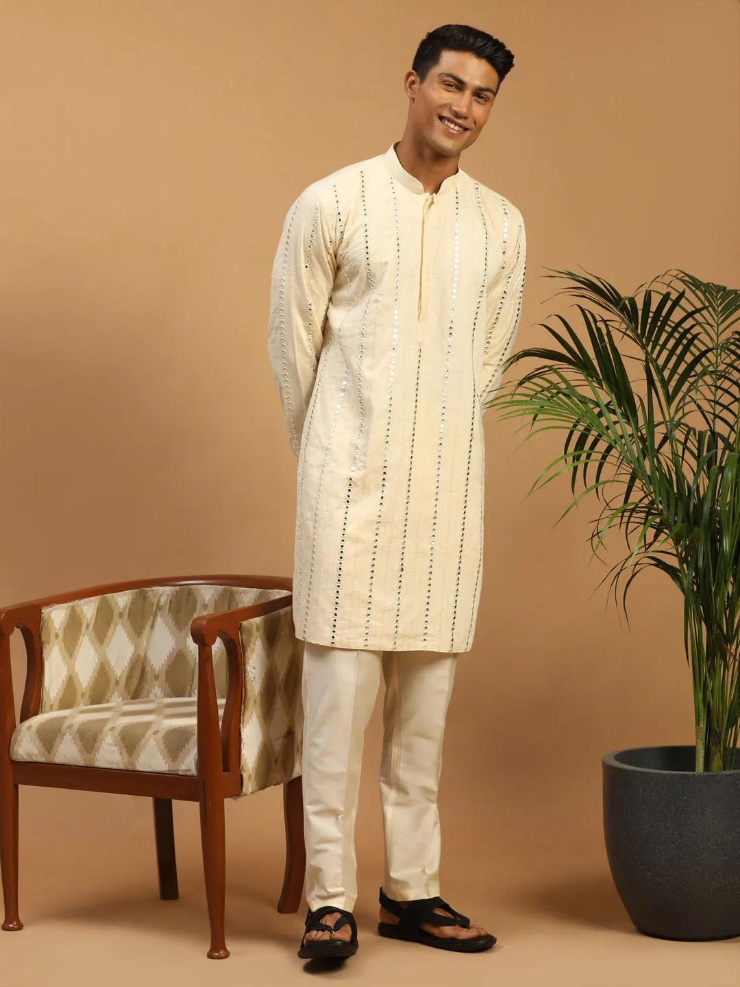 Jashvi Men's Cream Mirror Kurta Pant And Dupatta Set