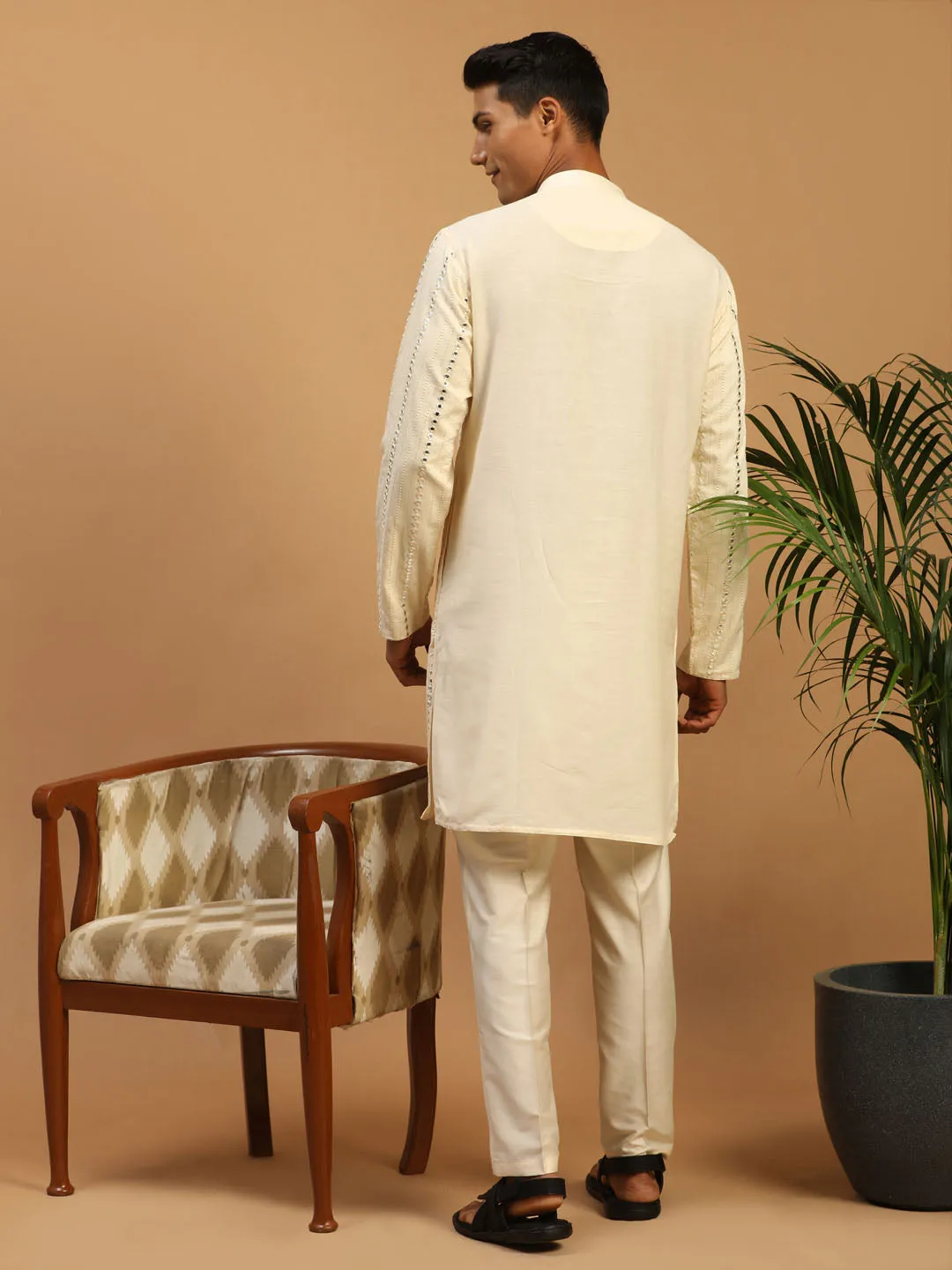 Jashvi Men's Cream Mirror Kurta Pant And Dupatta Set