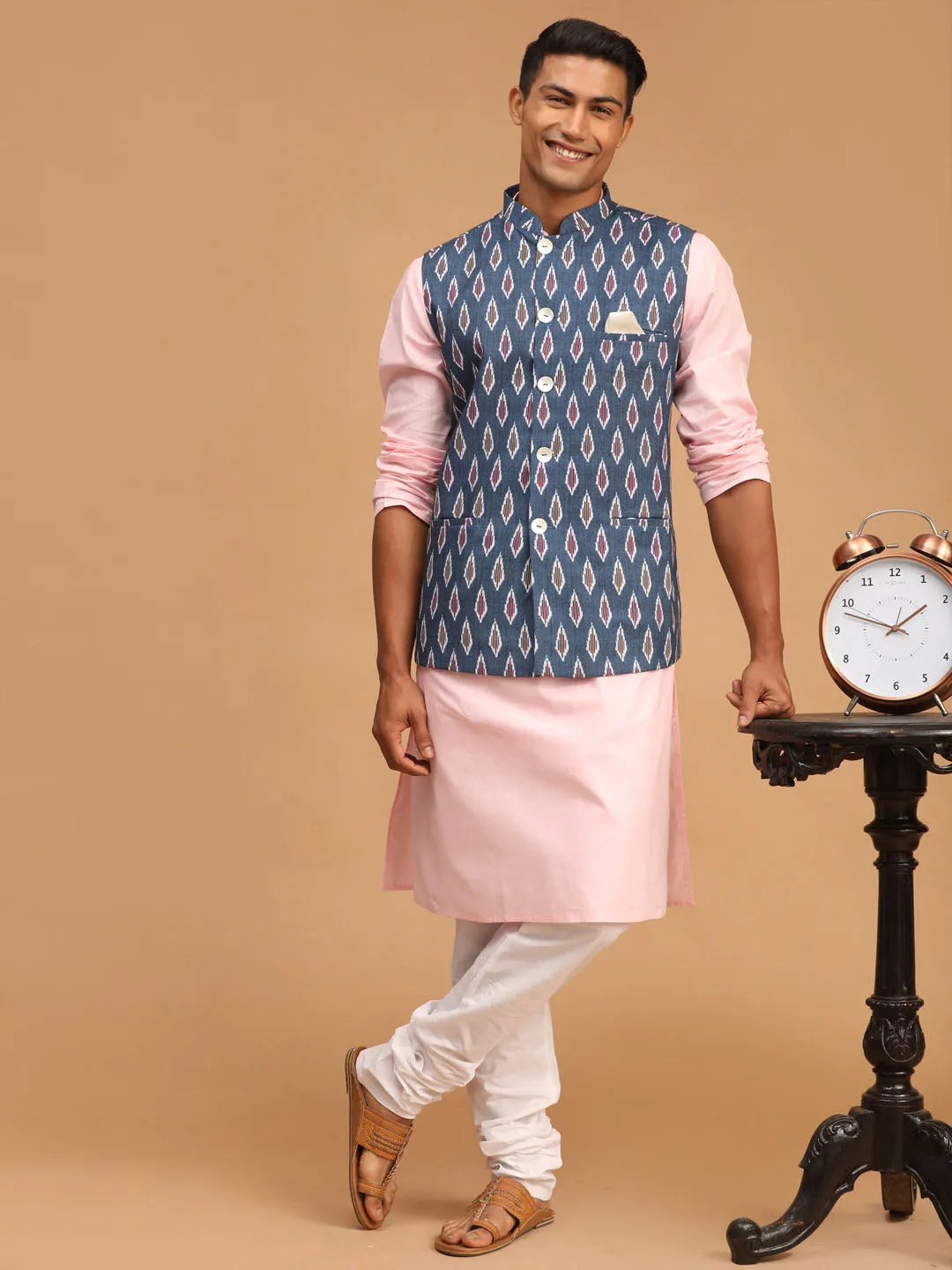 Jashvi Men's Gray Printed Cotton Nehru Jacket With Pink Kurta And White Pyjama Set