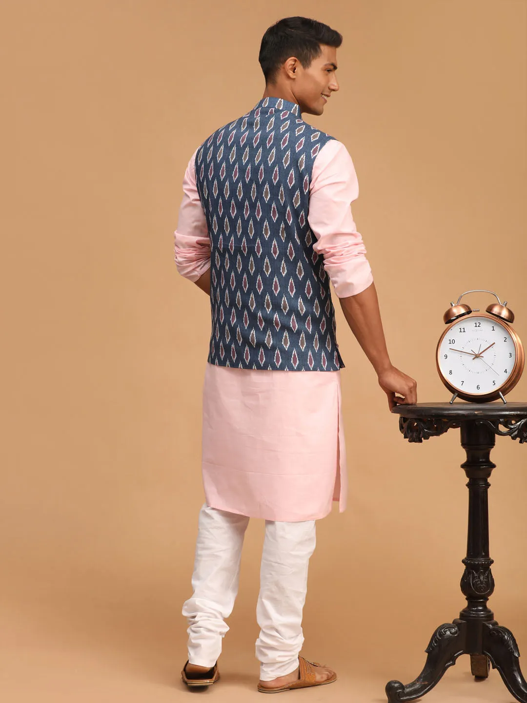 Jashvi Men's Gray Printed Cotton Nehru Jacket With Pink Kurta And White Pyjama Set