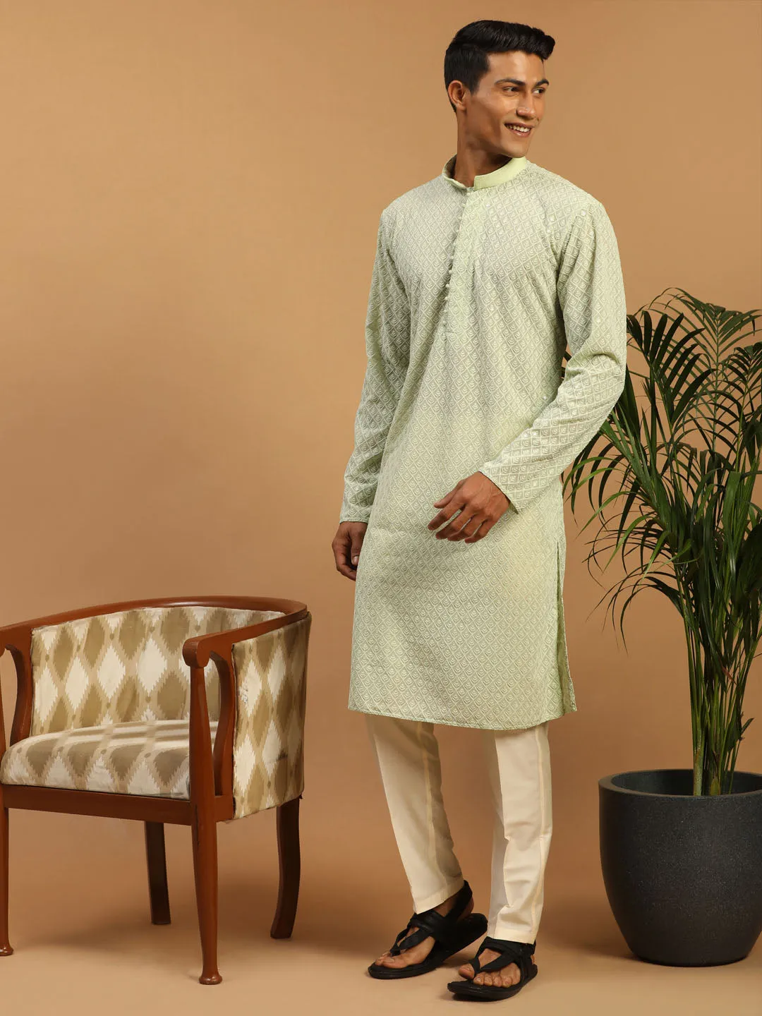 Jashvi Men's Green Embroidery  Worked Georgette Kurta With Pant Style Pyjama Set