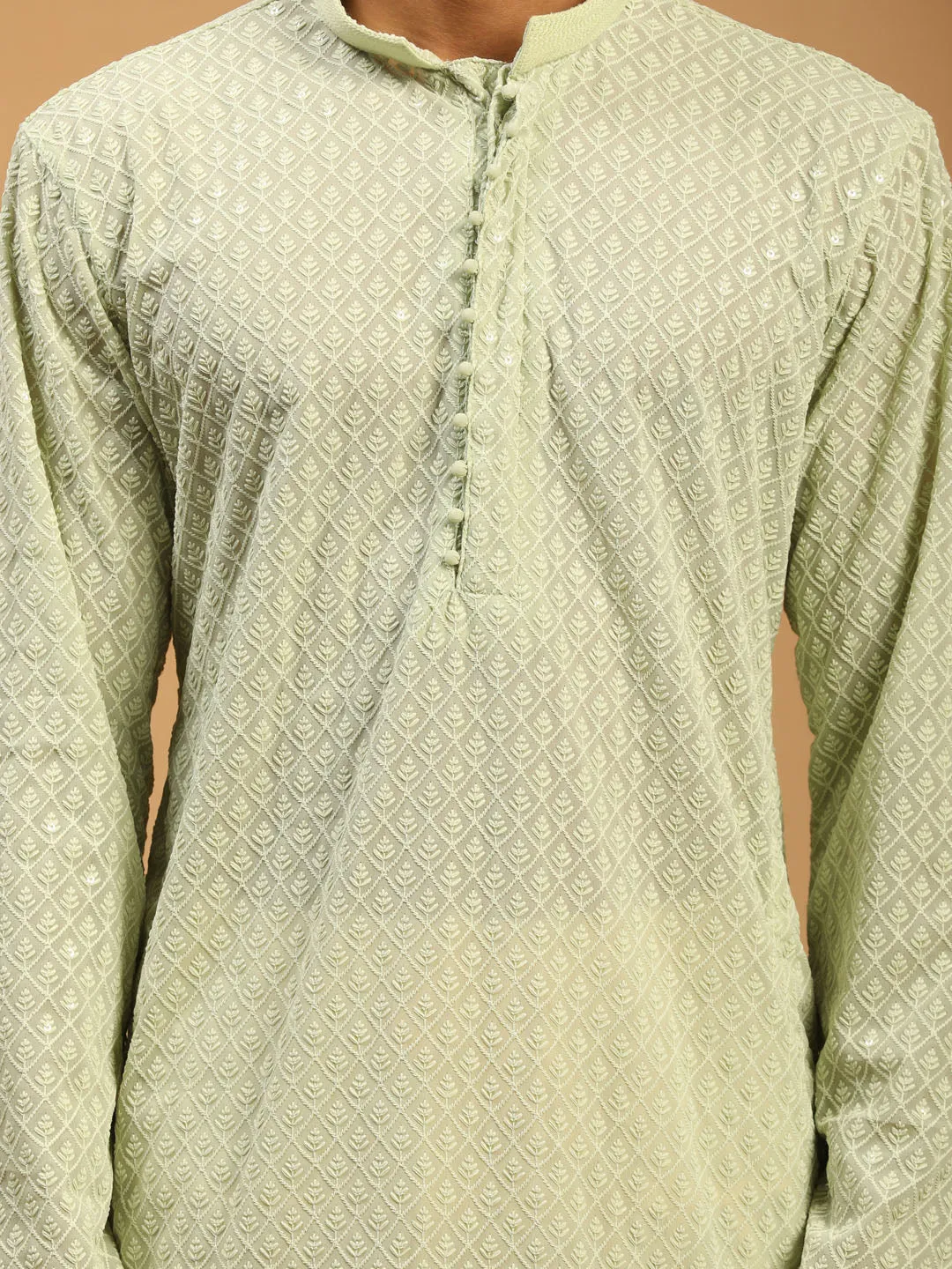 Jashvi Men's Green Embroidery  Worked Georgette Kurta With Pant Style Pyjama Set