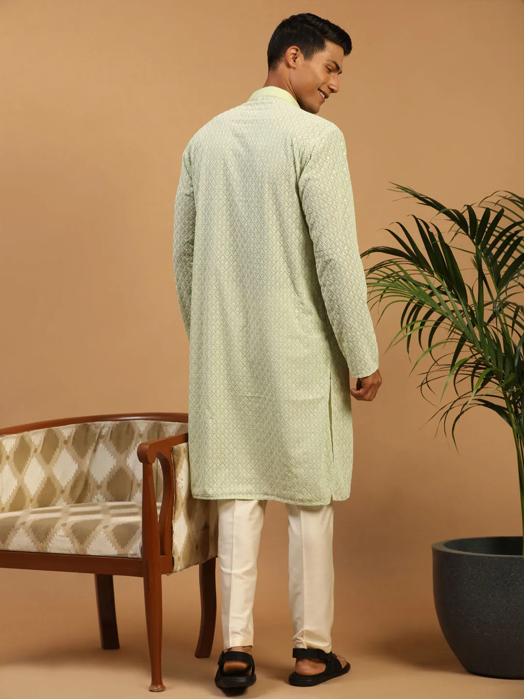 Jashvi Men's Green Embroidery  Worked Georgette Kurta With Pant Style Pyjama Set