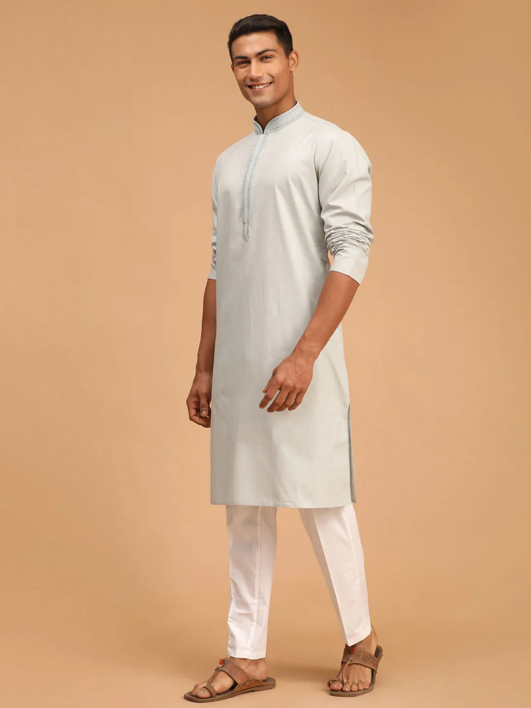 Jashvi Men's Grey Cotton Kurta and Pant Style Pyjama Set