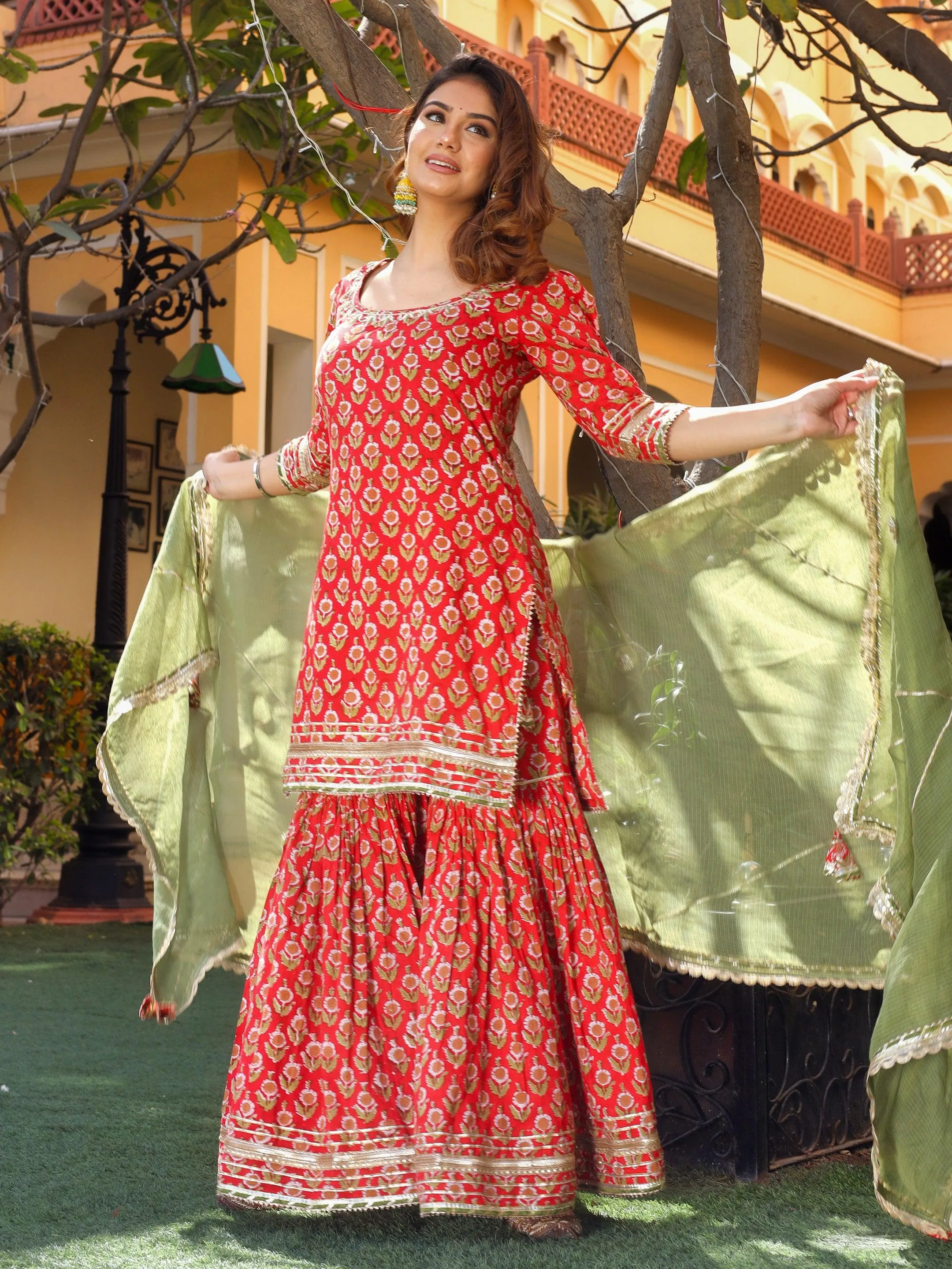 Jashvi Red Cotton Dabu Printed Kurta Sharara Set with Kota Doria Dupatta