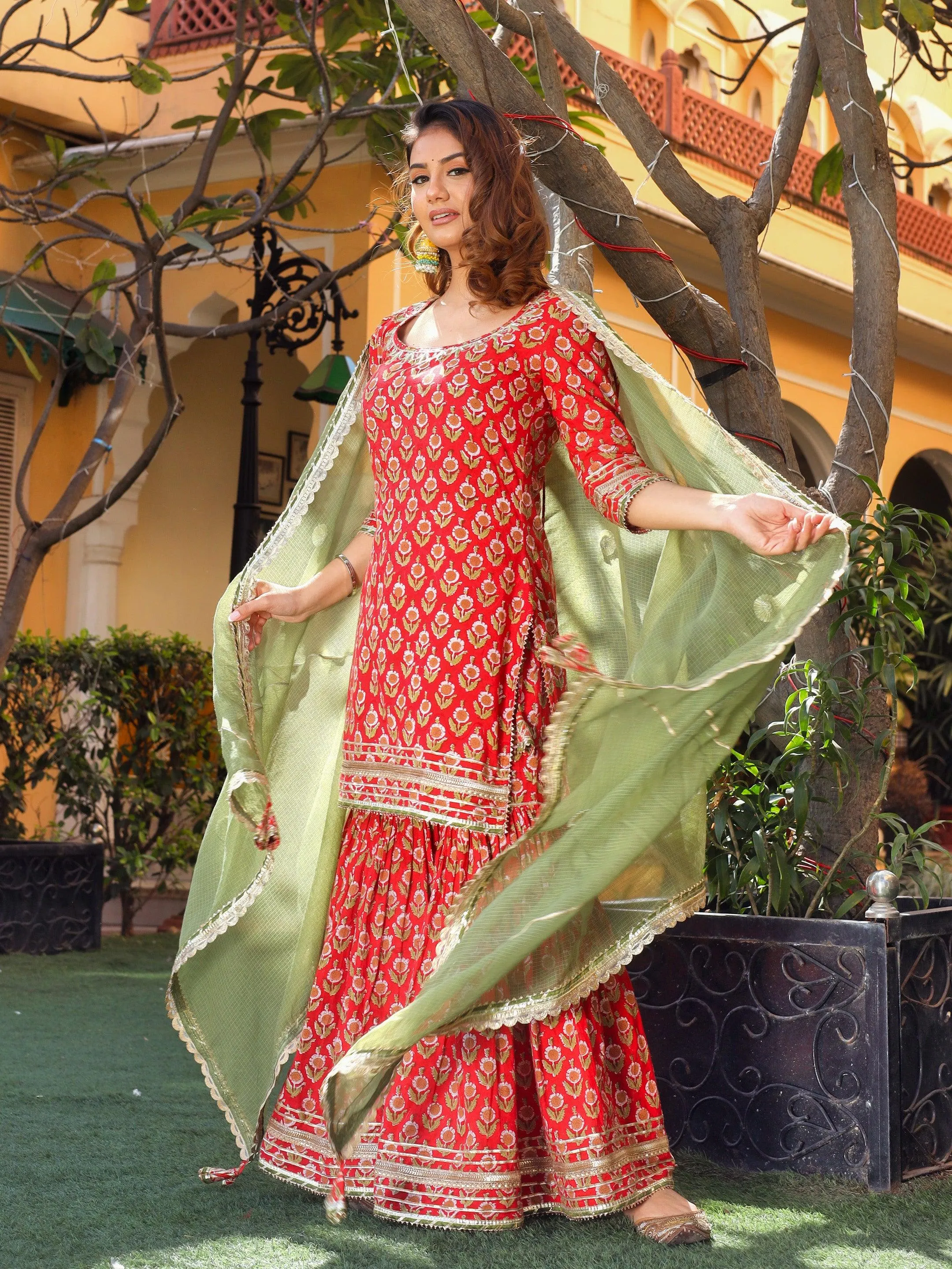 Jashvi Red Cotton Dabu Printed Kurta Sharara Set with Kota Doria Dupatta