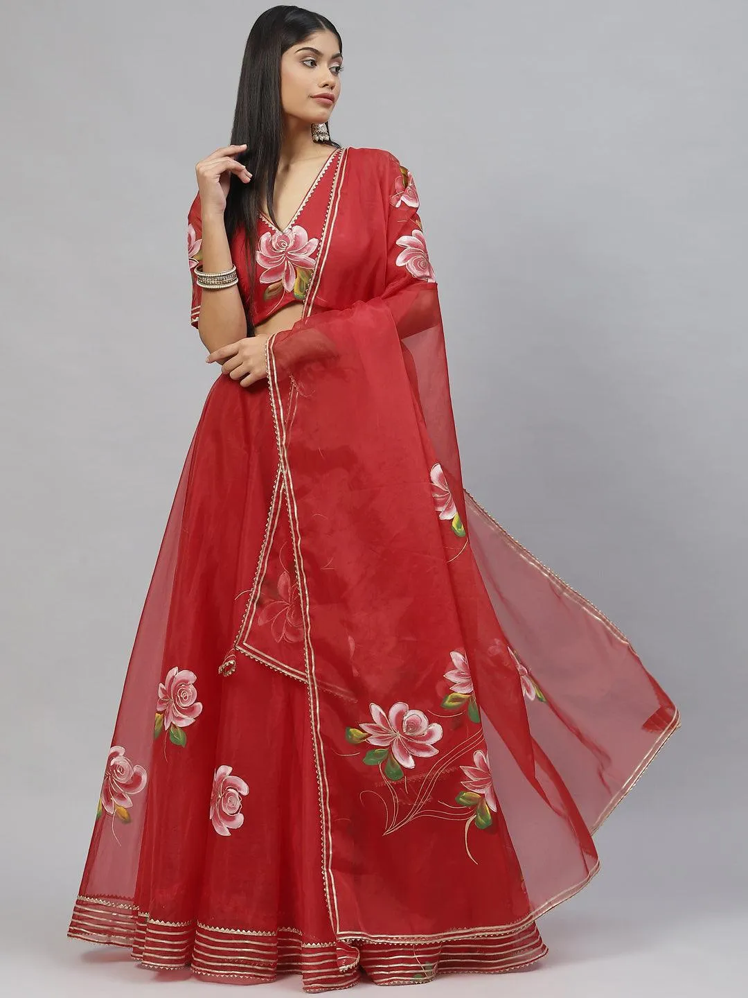 Jashvi Red Hand Painted Organza Flared Lehenga Choli Set with Organza Dupatta