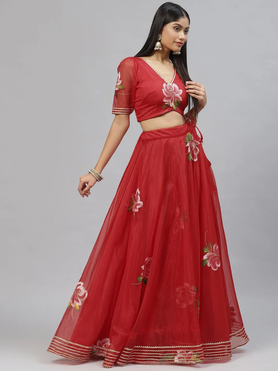 Jashvi Red Hand Painted Organza Flared Lehenga Choli Set with Organza Dupatta