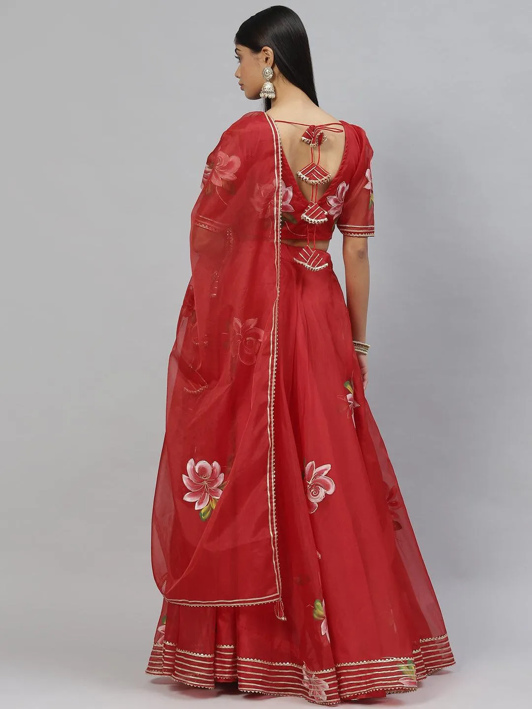 Jashvi Red Hand Painted Organza Flared Lehenga Choli Set with Organza Dupatta