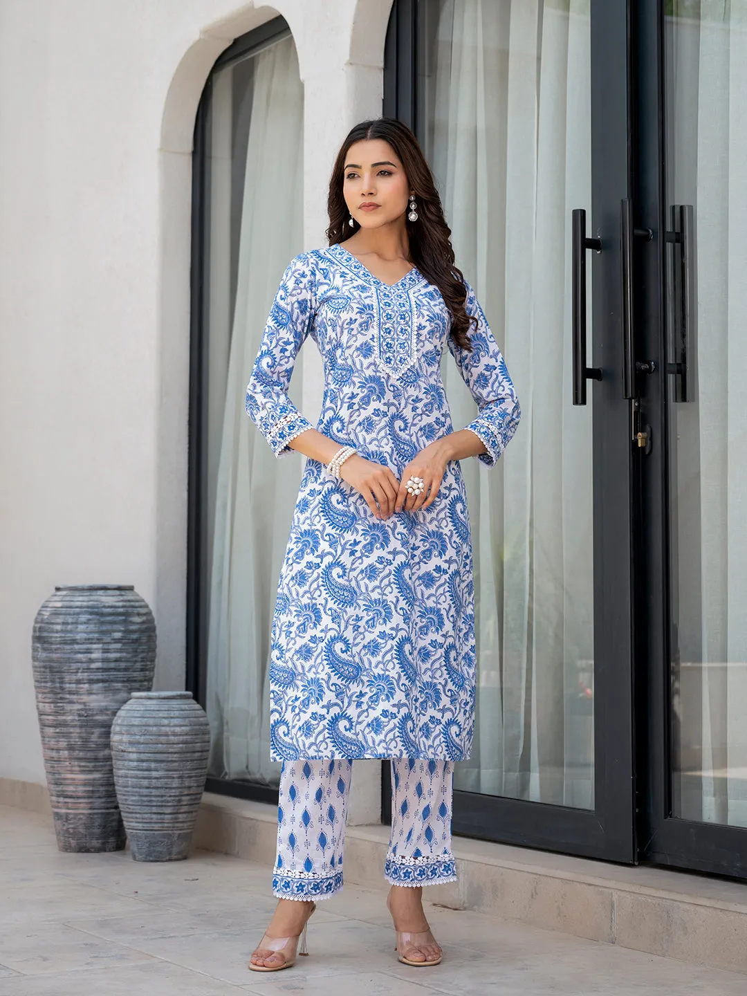 Jashvi Sky Blue HandBlock Floral Print Kurta Pant Dupatta Set