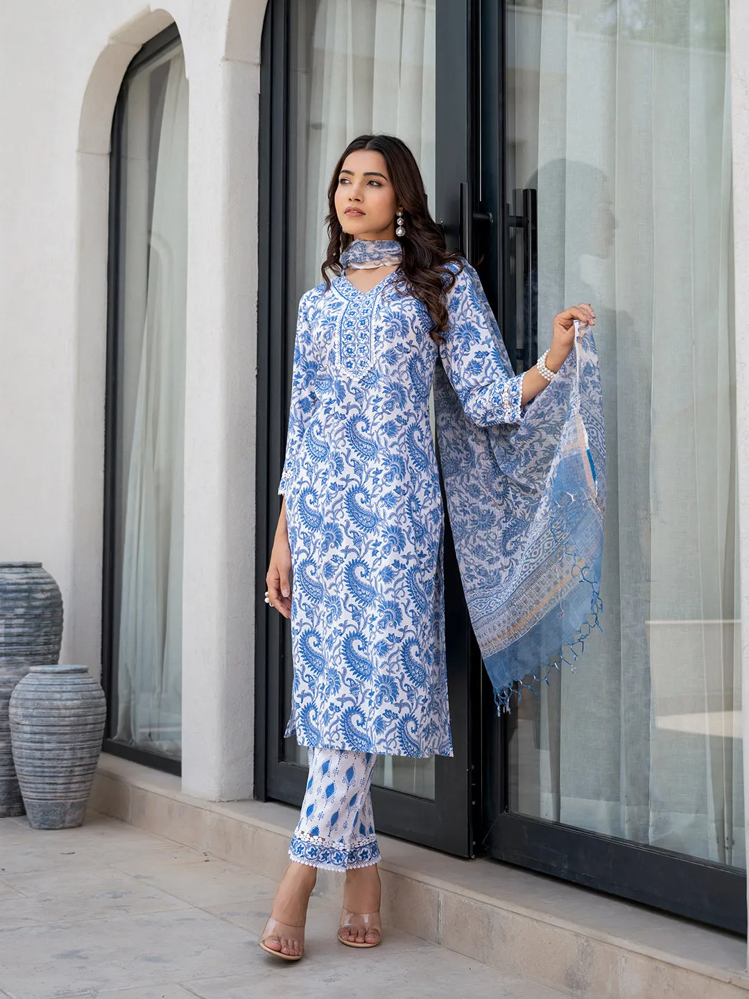 Jashvi Sky Blue HandBlock Floral Print Kurta Pant Dupatta Set