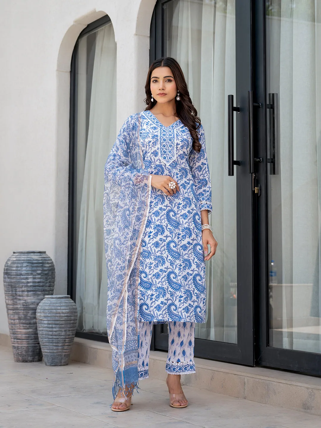 Jashvi Sky Blue HandBlock Floral Print Kurta Pant Dupatta Set