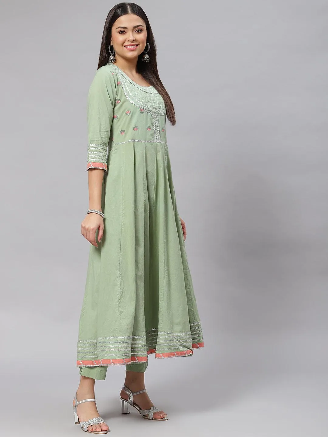 Jashvi Solid Green Anarkali Kurta Pant Set with Kota doria dupatta