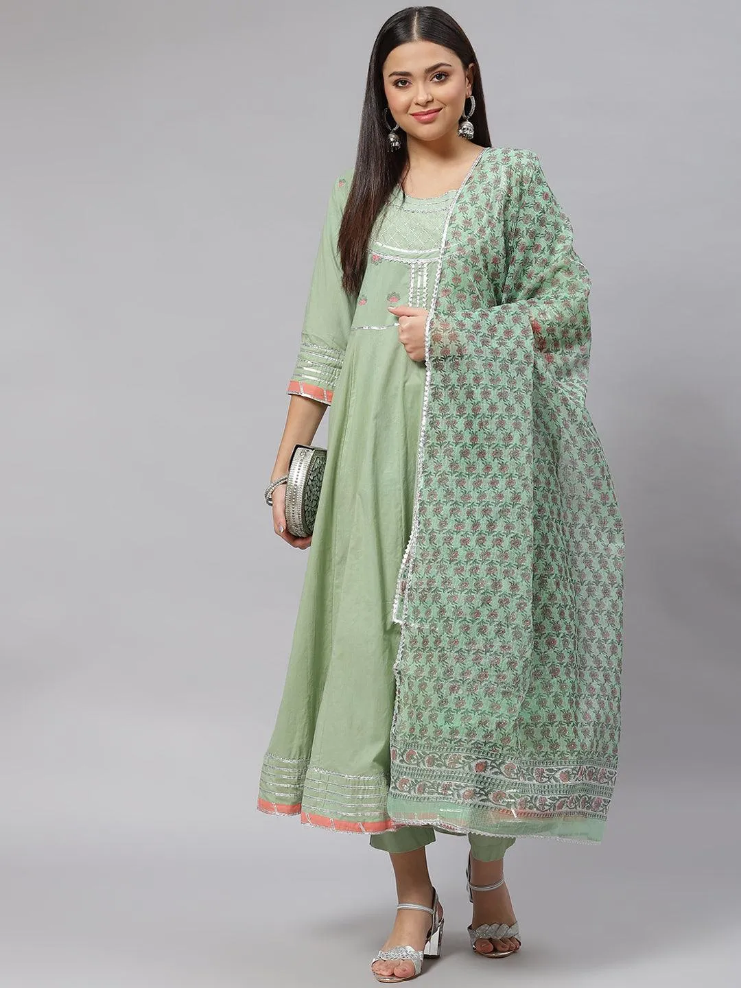 Jashvi Solid Green Anarkali Kurta Pant Set with Kota doria dupatta