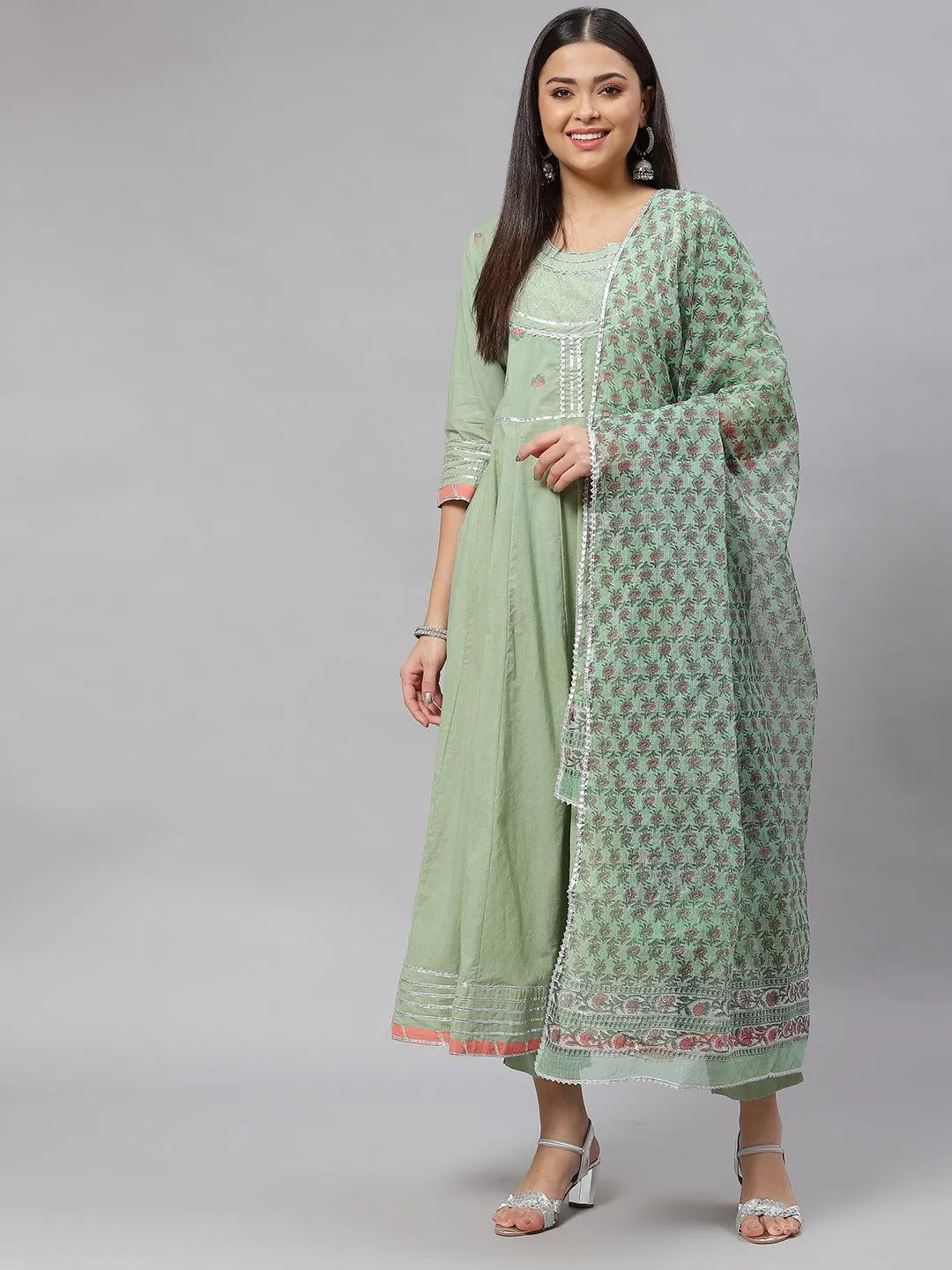 Jashvi Solid Green Anarkali Kurta Pant Set with Kota doria dupatta