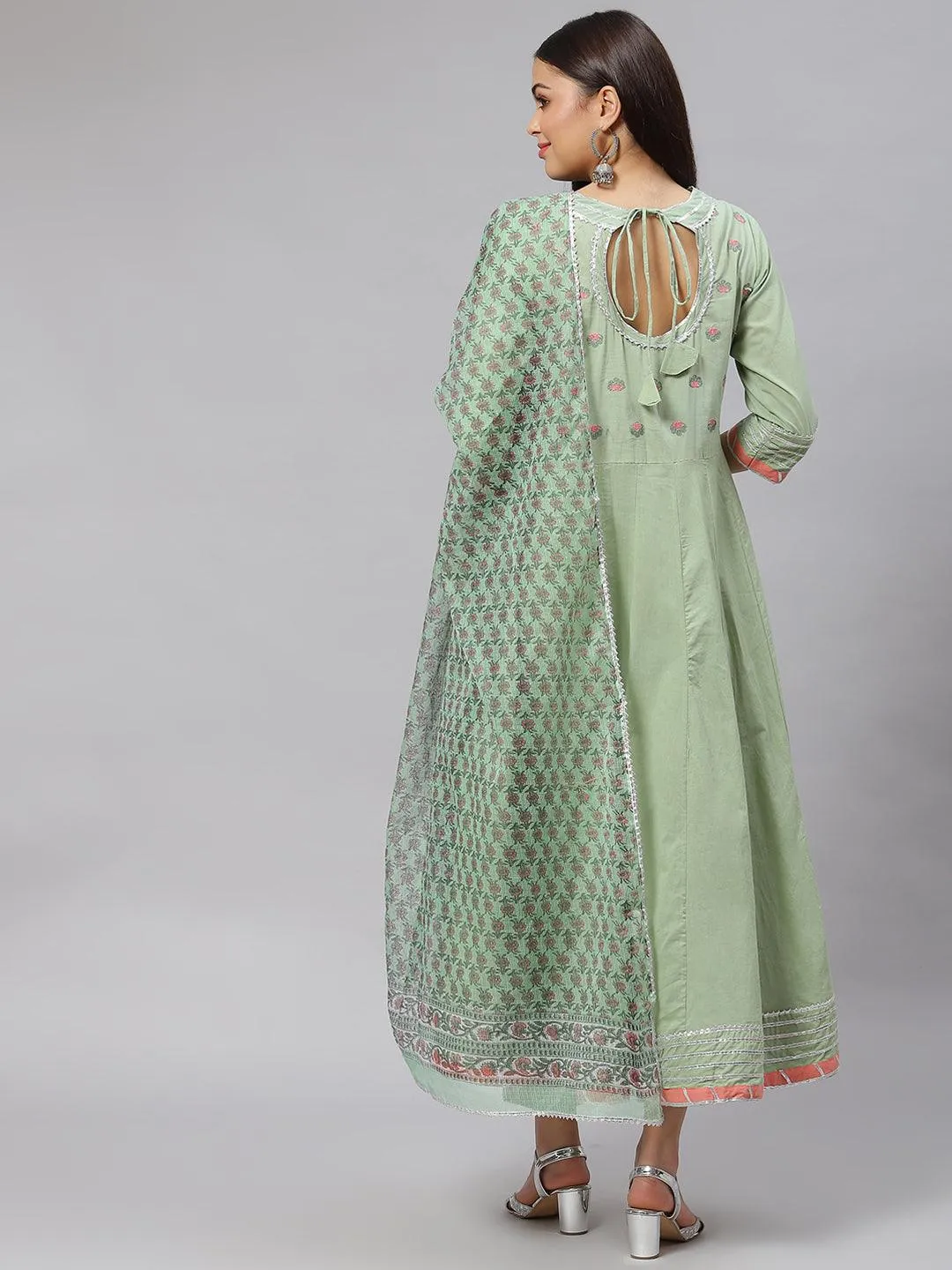 Jashvi Solid Green Anarkali Kurta Pant Set with Kota doria dupatta