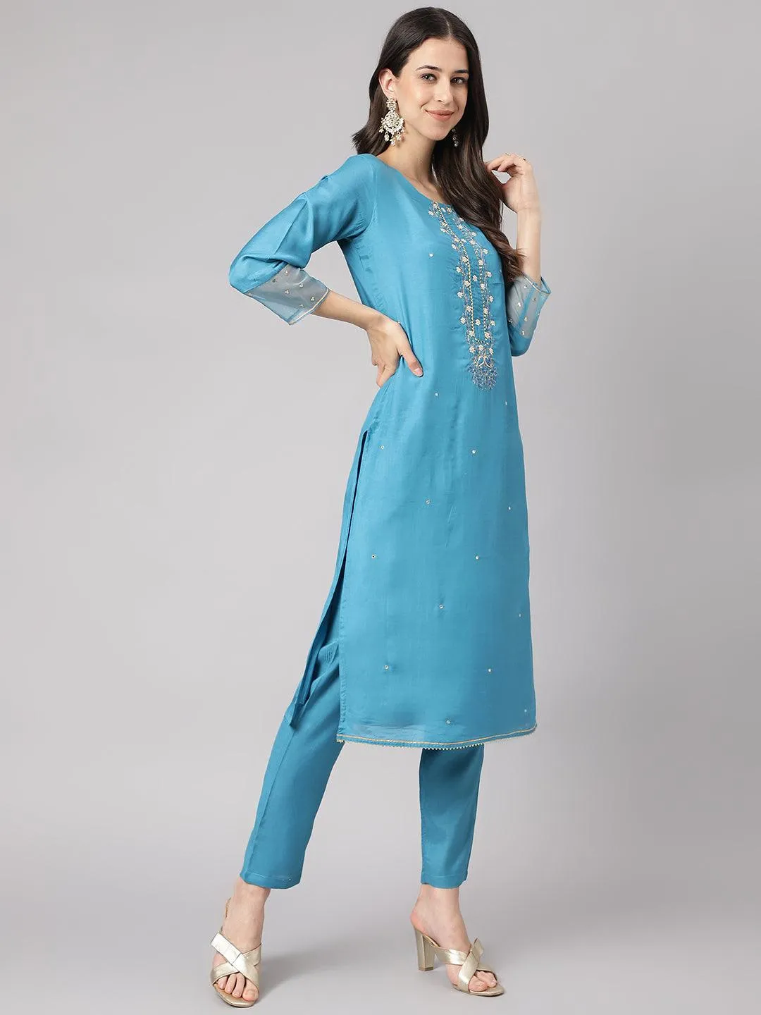 Jashvi Teal Blue Muslin Embroidary Kurta pant Set with Organza Dupatta