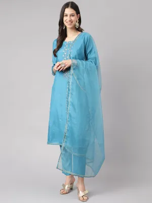 Jashvi Teal Blue Muslin Embroidary Kurta pant Set with Organza Dupatta