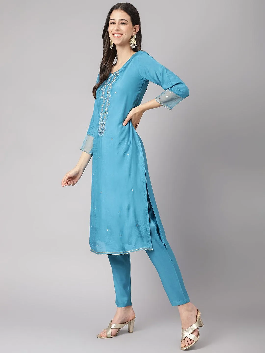 Jashvi Teal Blue Muslin Embroidary Kurta pant Set with Organza Dupatta