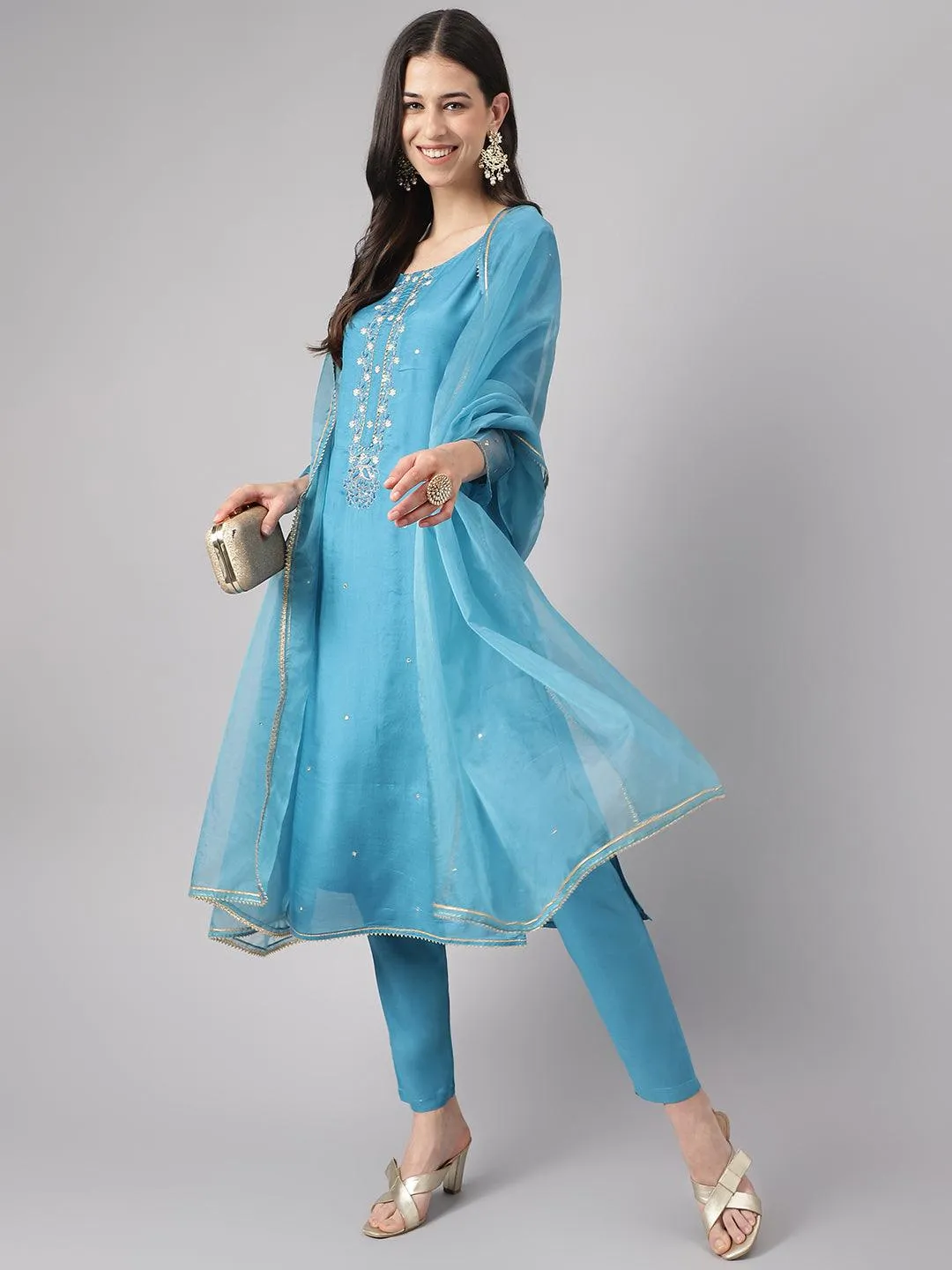 Jashvi Teal Blue Muslin Embroidary Kurta pant Set with Organza Dupatta