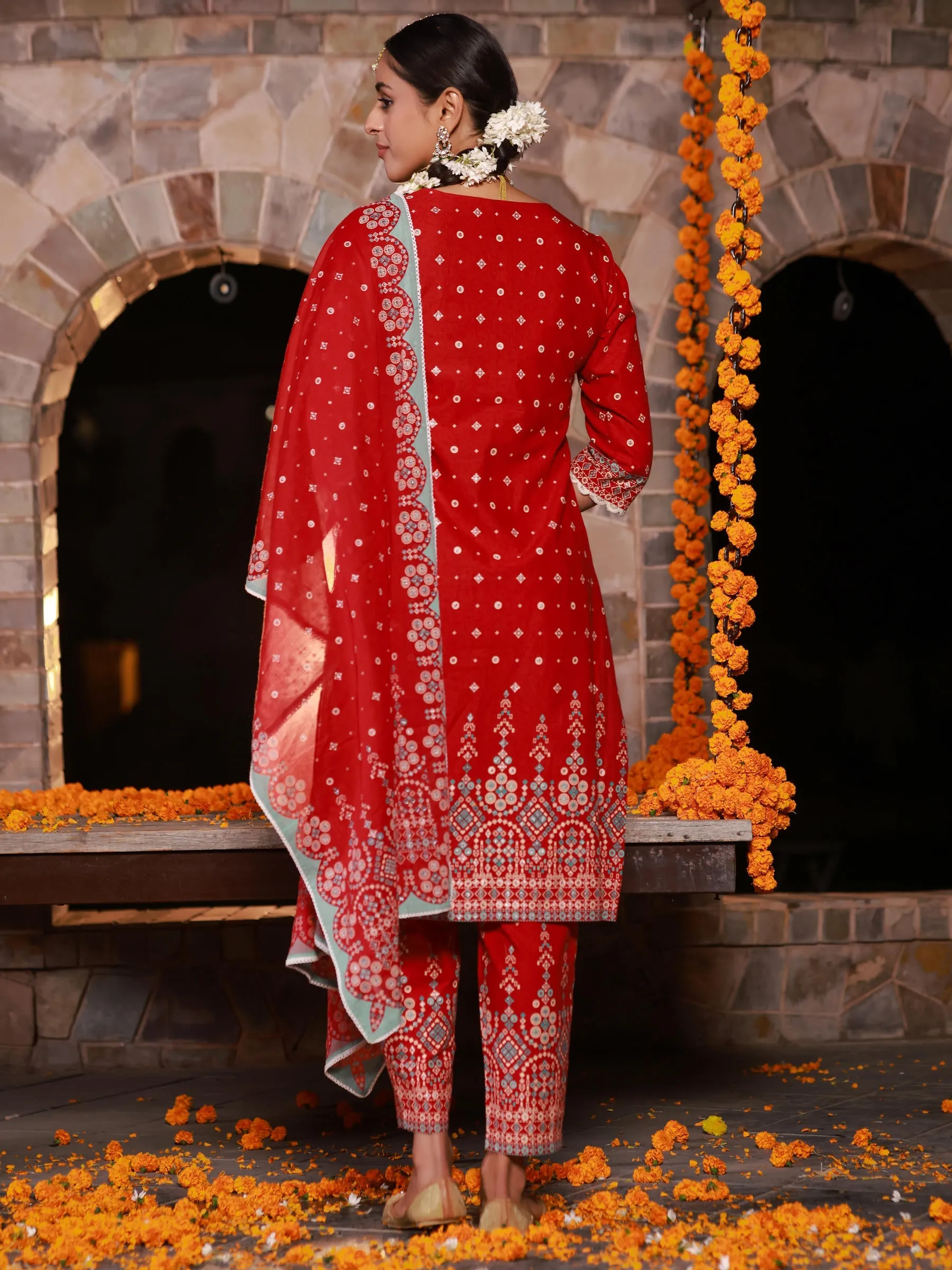 Jashvi The Banjara Red Geometric Print Pure Cotton Kurta With Pant & Dupatta Set With Bead Sequin & Coins