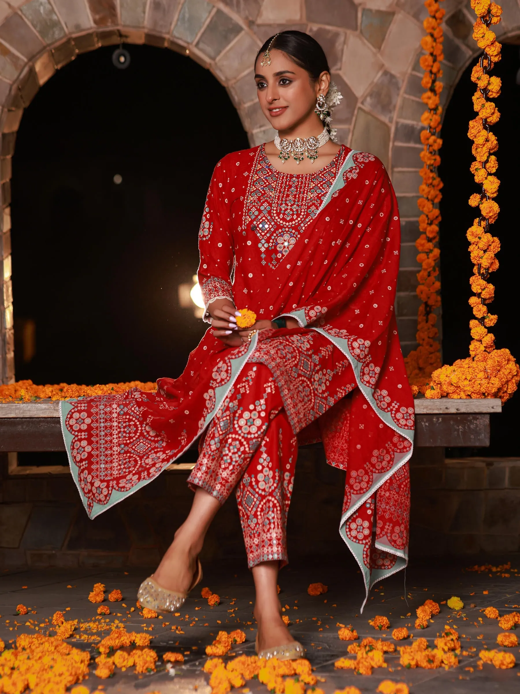 Jashvi The Banjara Red Geometric Print Pure Cotton Kurta With Pant & Dupatta Set With Bead Sequin & Coins