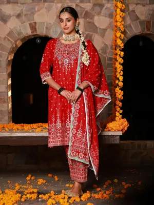 Jashvi The Banjara Red Geometric Print Pure Cotton Kurta With Pant & Dupatta Set With Bead Sequin & Coins