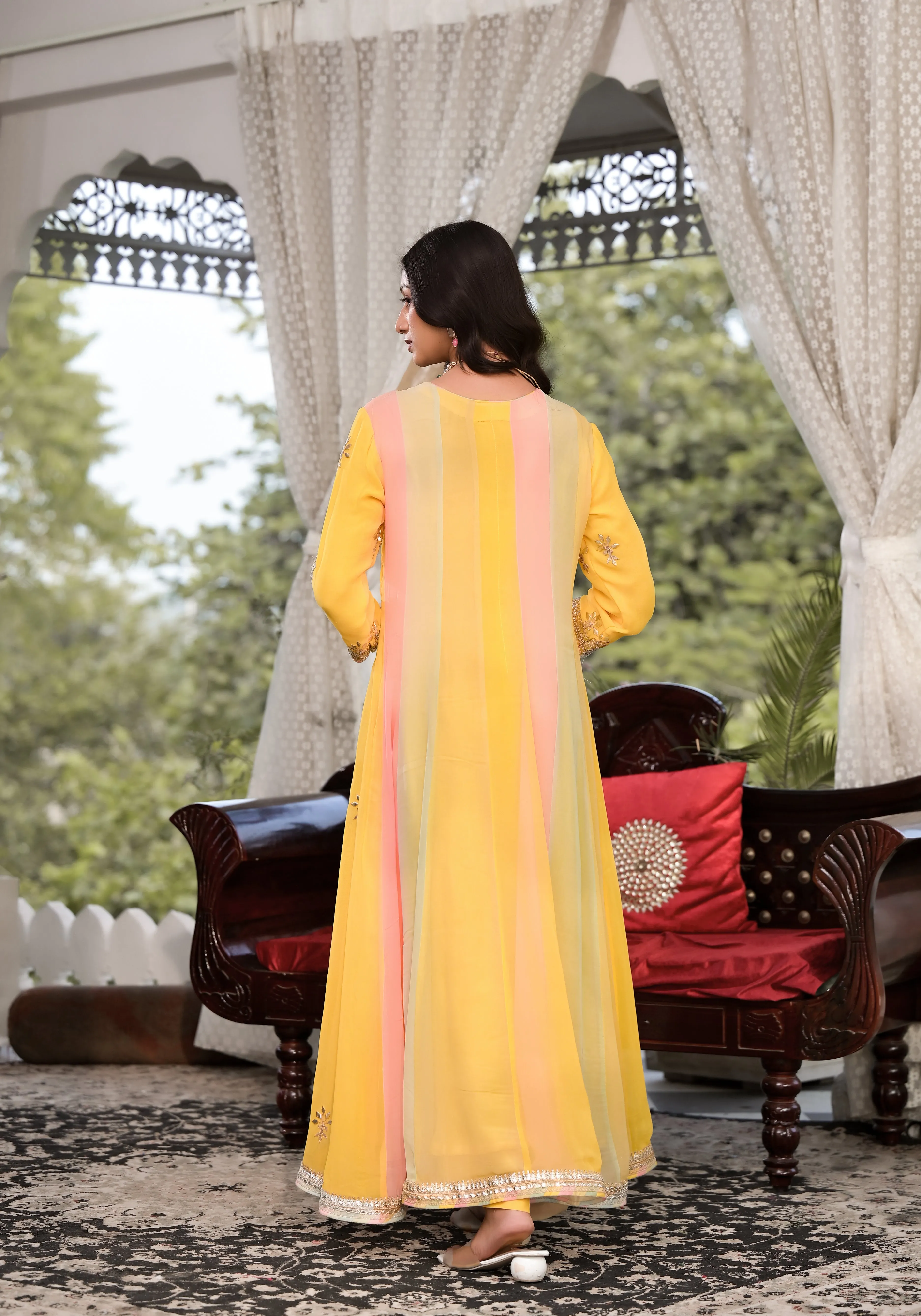 Jashvi Yellow Gota Patti Embroidered Banarsi Georgette Kurta Set with Organza Dupatta