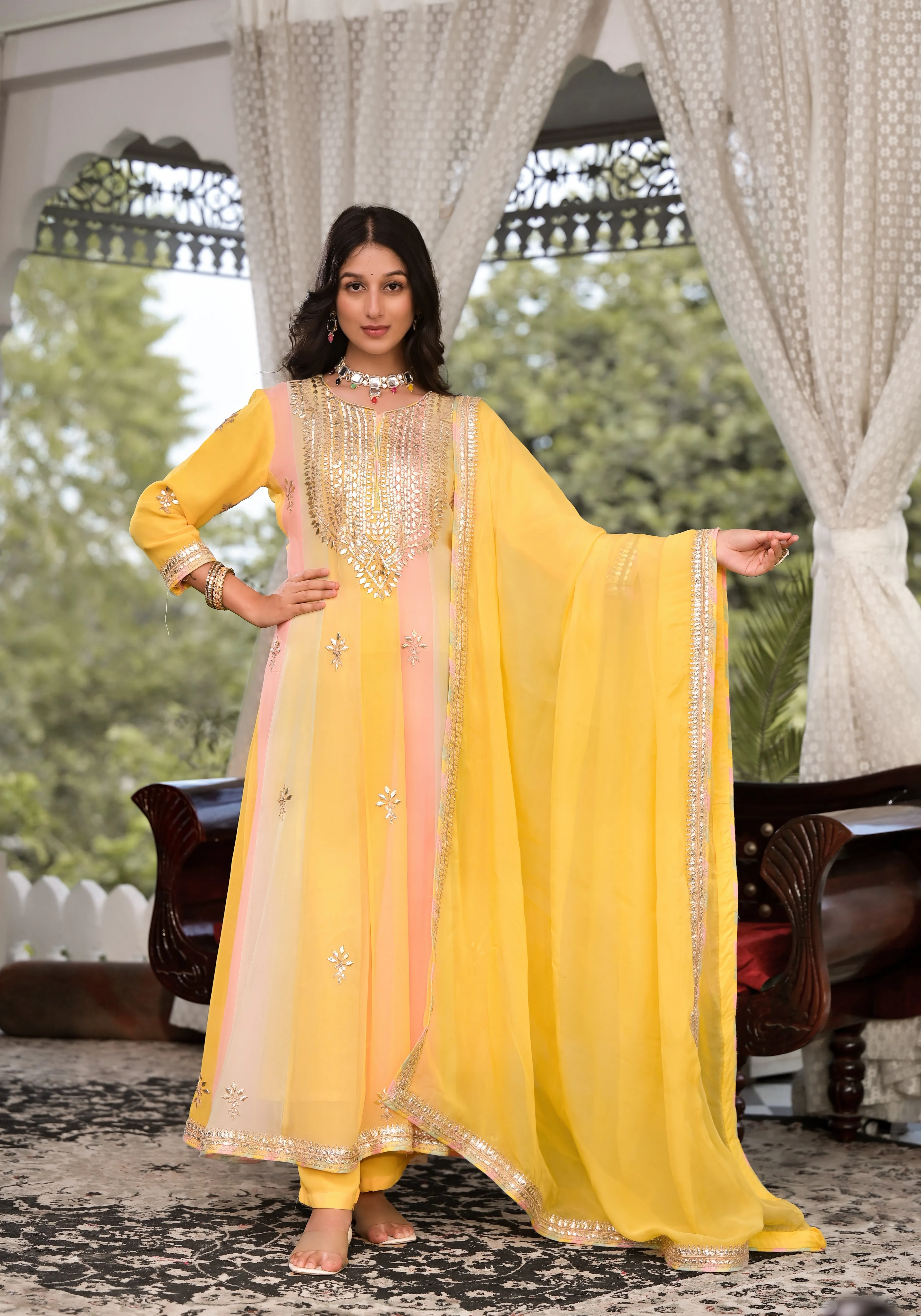 Jashvi Yellow Gota Patti Embroidered Banarsi Georgette Kurta Set with Organza Dupatta