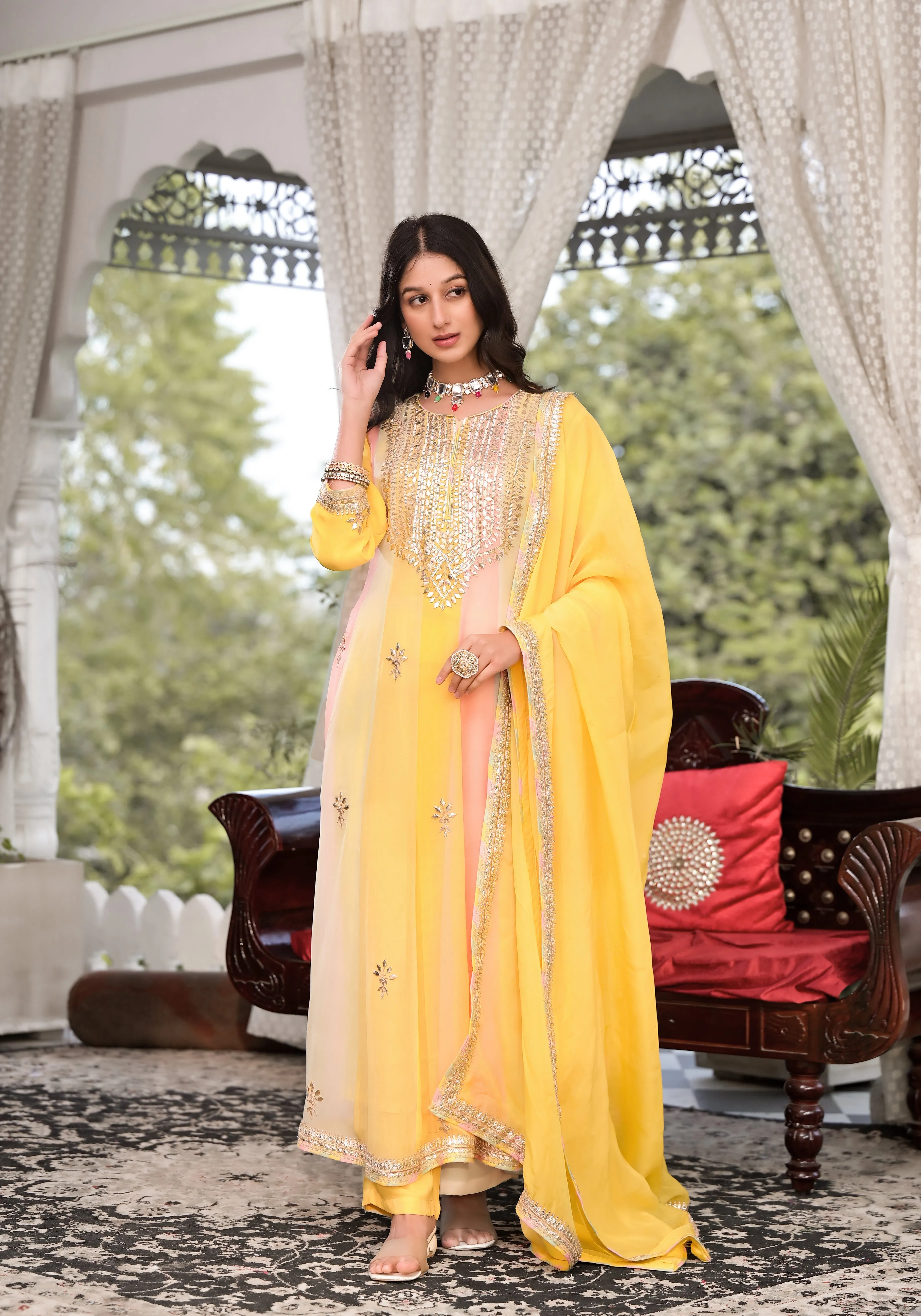 Jashvi Yellow Gota Patti Embroidered Banarsi Georgette Kurta Set with Organza Dupatta