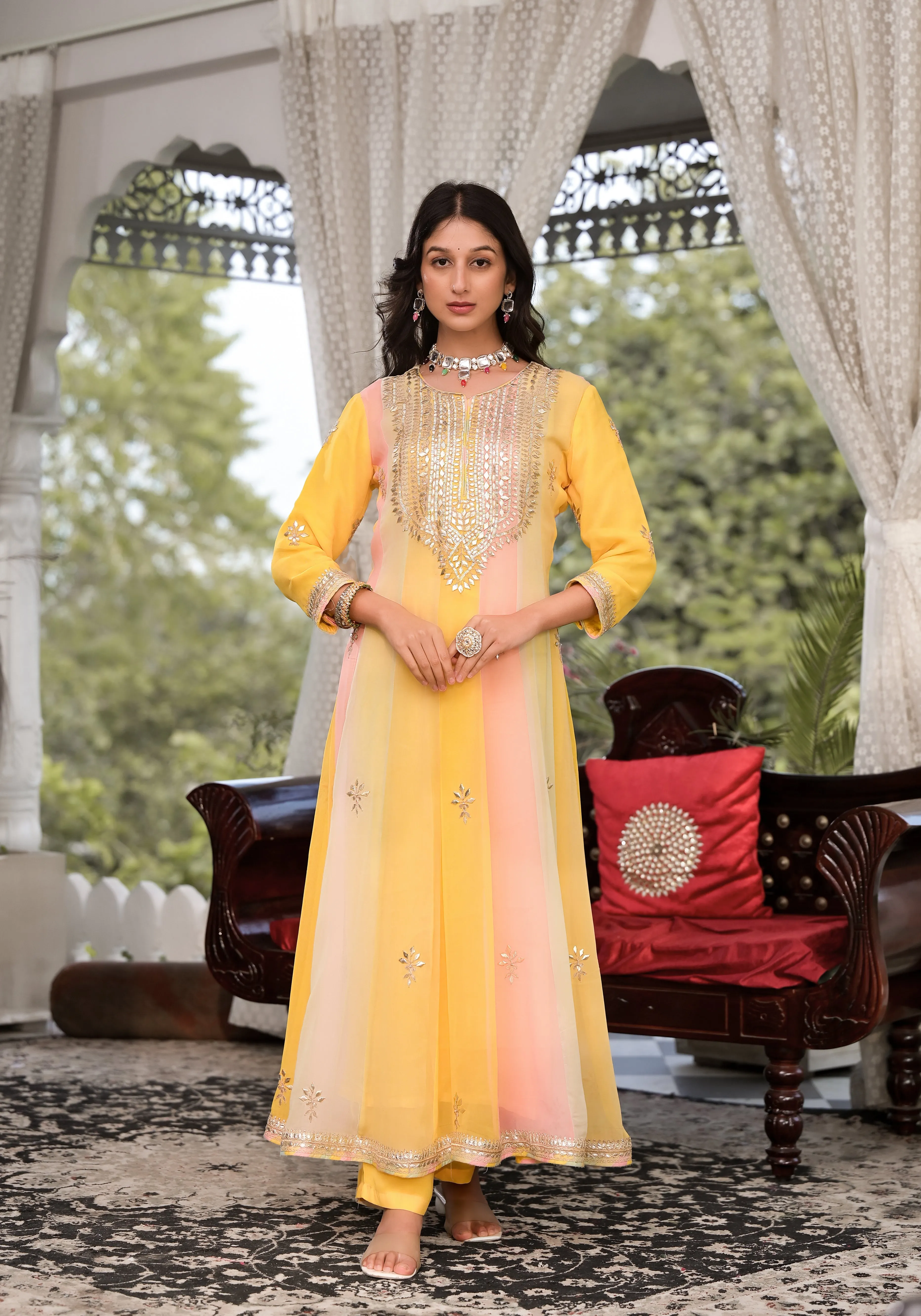 Jashvi Yellow Gota Patti Embroidered Banarsi Georgette Kurta Set with Organza Dupatta