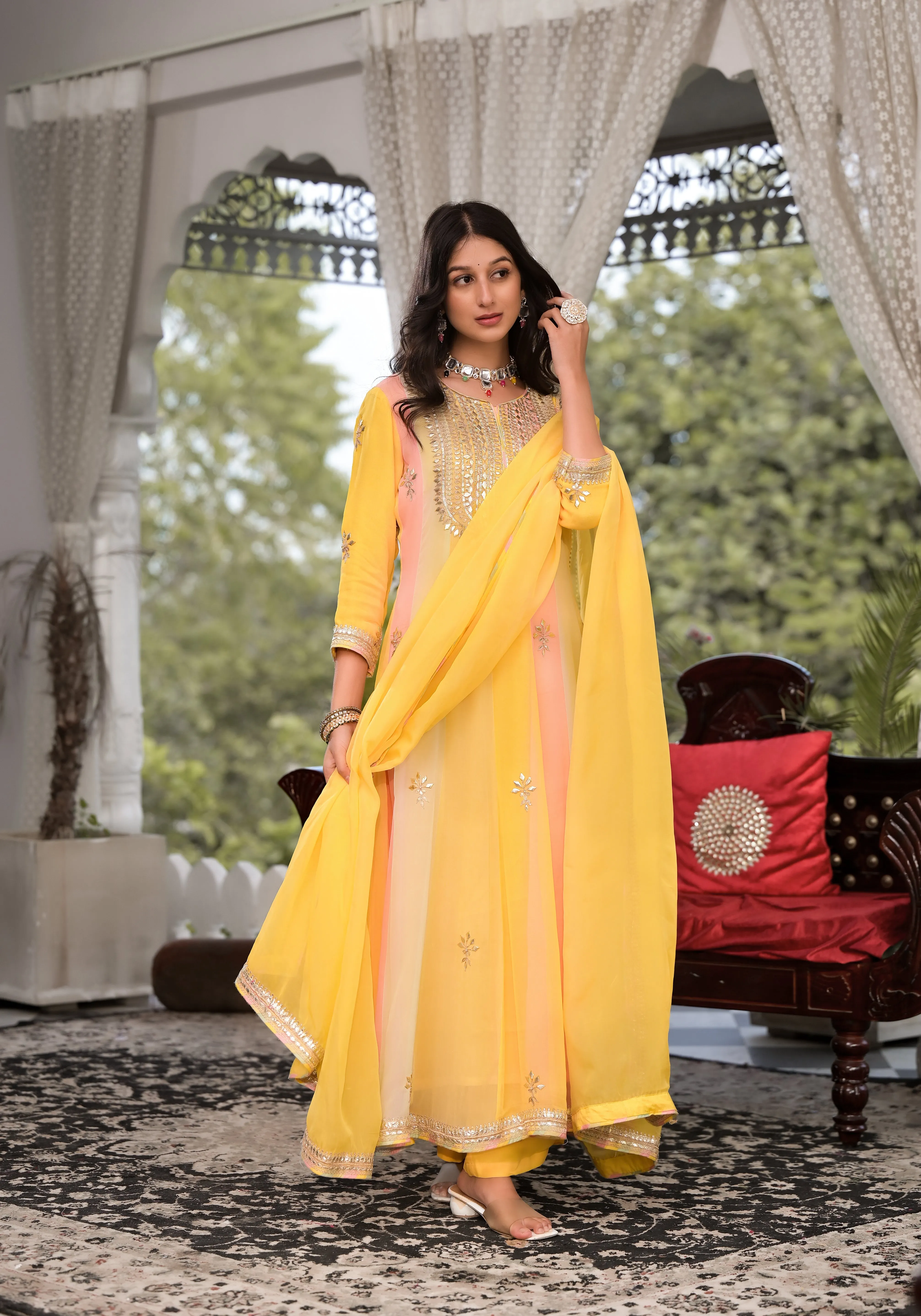 Jashvi Yellow Gota Patti Embroidered Banarsi Georgette Kurta Set with Organza Dupatta