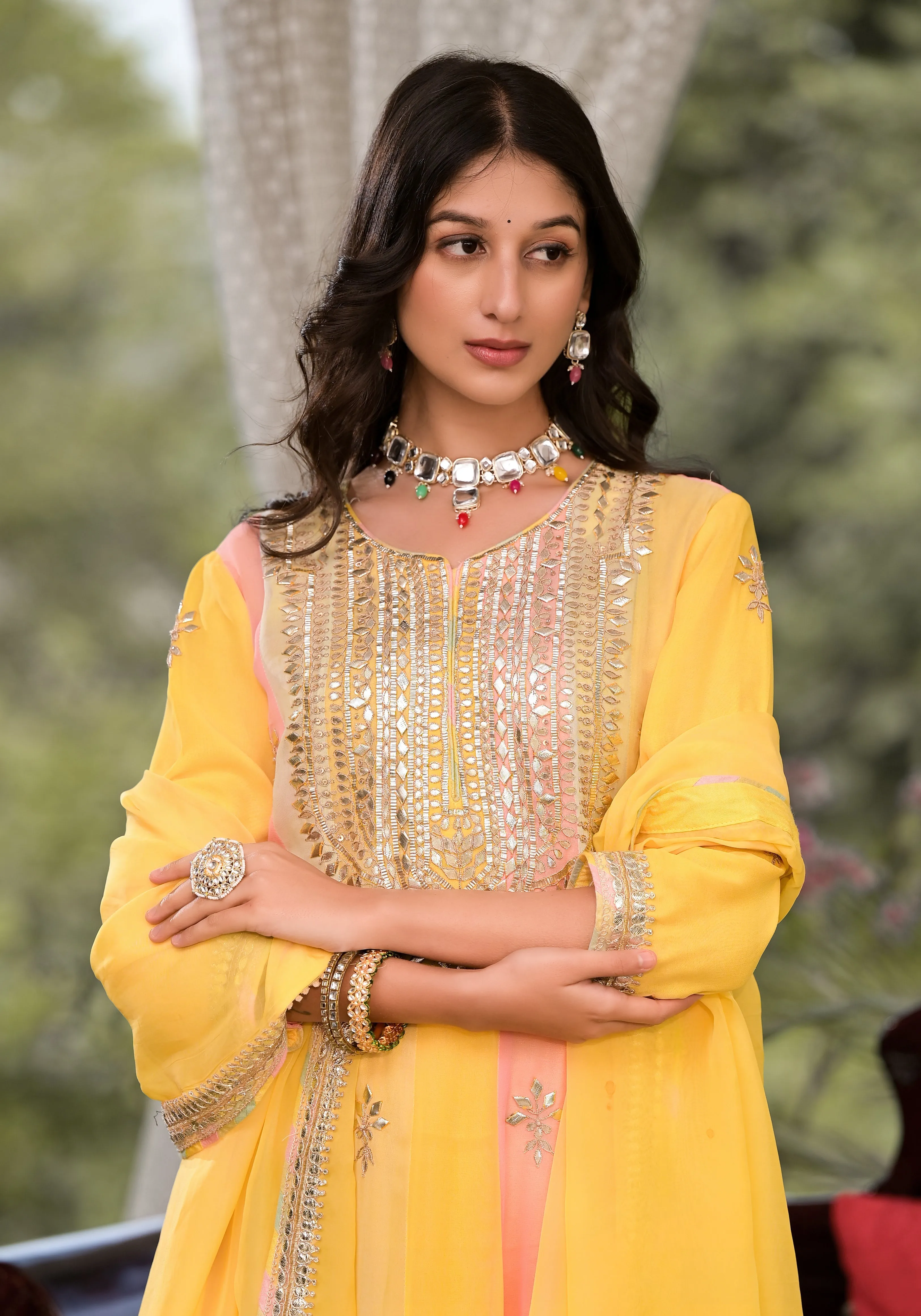 Jashvi Yellow Gota Patti Embroidered Banarsi Georgette Kurta Set with Organza Dupatta