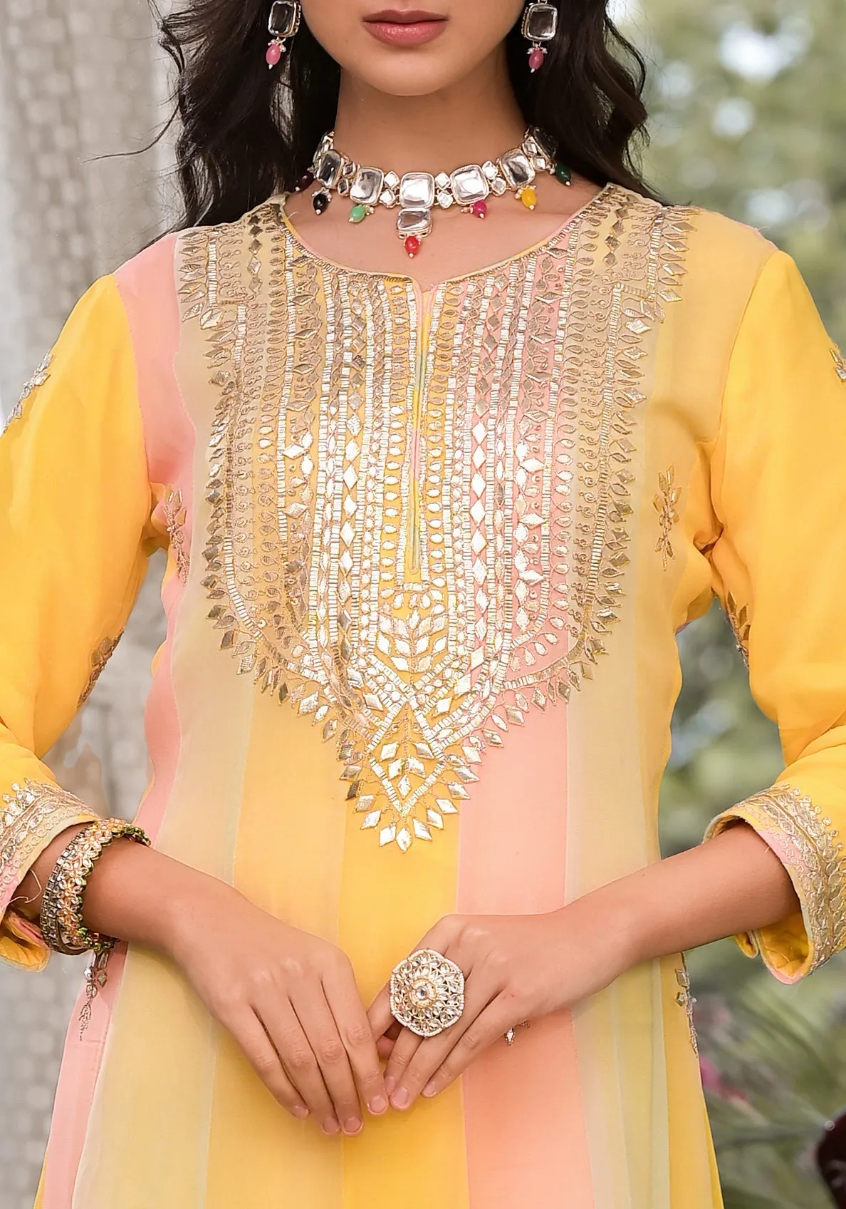 Jashvi Yellow Gota Patti Embroidered Banarsi Georgette Kurta Set with Organza Dupatta