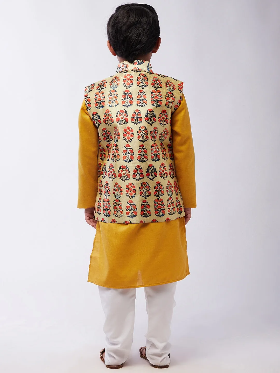 Kid's Cotton Silk Mustard Kurta & Red Nehru Jacket With White Churidar Pyjama Set - Sojanya KID