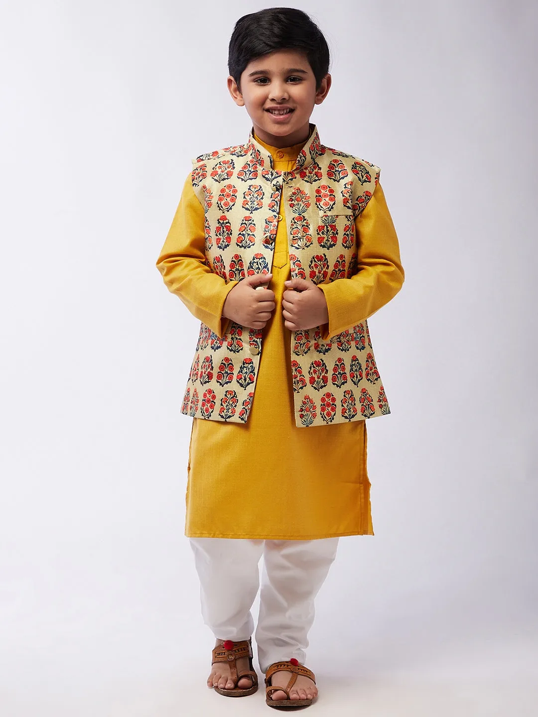 Kid's Cotton Silk Mustard Kurta & Red Nehru Jacket With White Churidar Pyjama Set - Sojanya KID