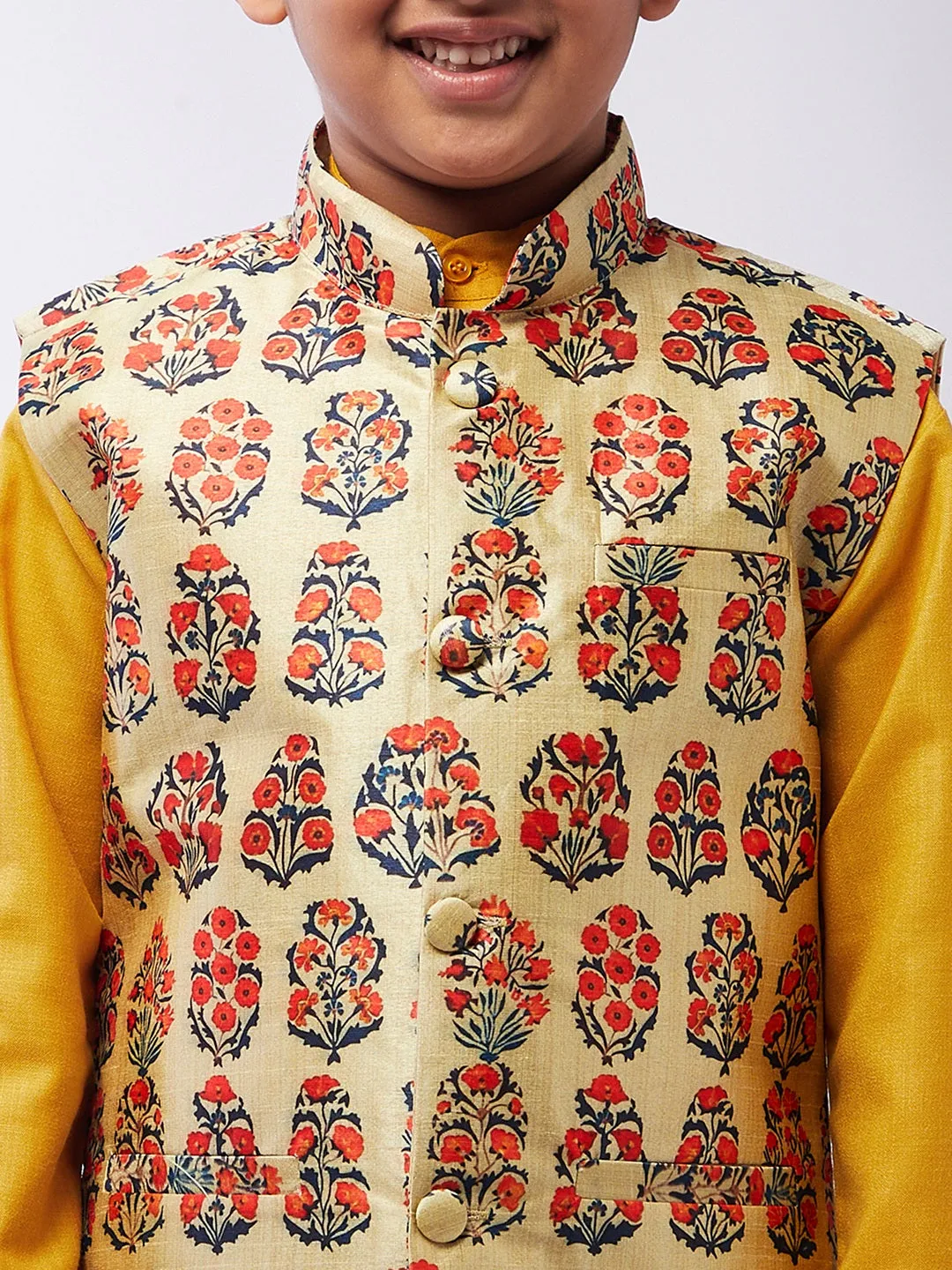 Kid's Cotton Silk Mustard Kurta & Red Nehru Jacket With White Churidar Pyjama Set - Sojanya KID