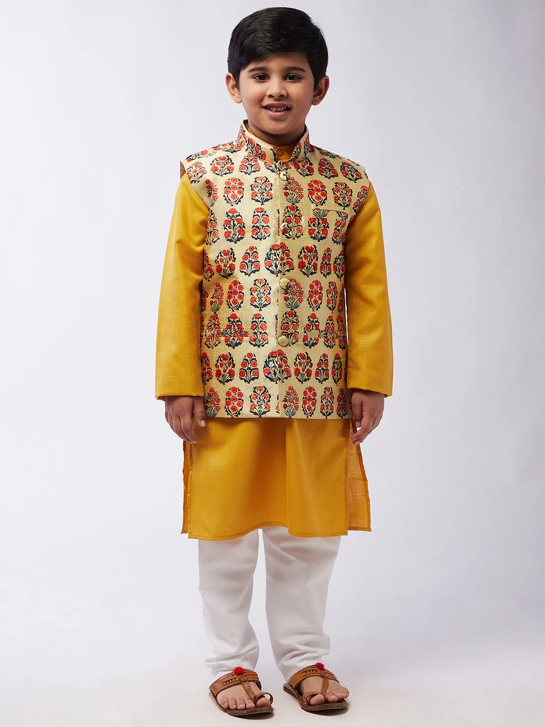 Kid's Cotton Silk Mustard Kurta & Red Nehru Jacket With White Churidar Pyjama Set - Sojanya KID