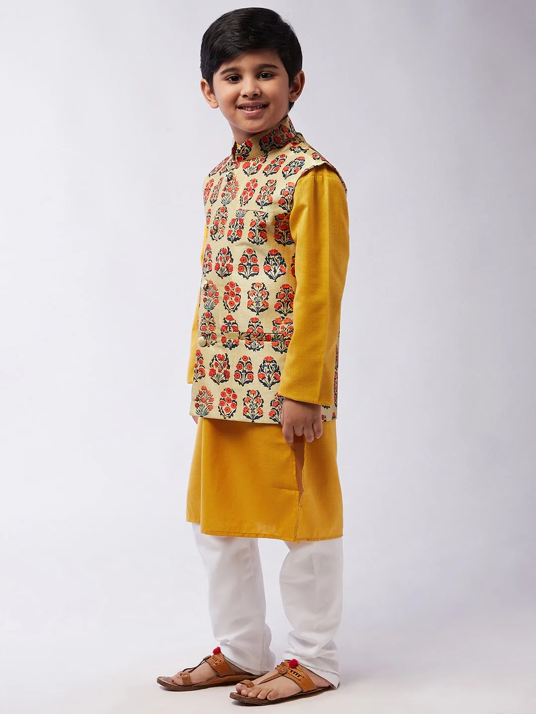 Kid's Cotton Silk Mustard Kurta & Red Nehru Jacket With White Churidar Pyjama Set - Sojanya KID