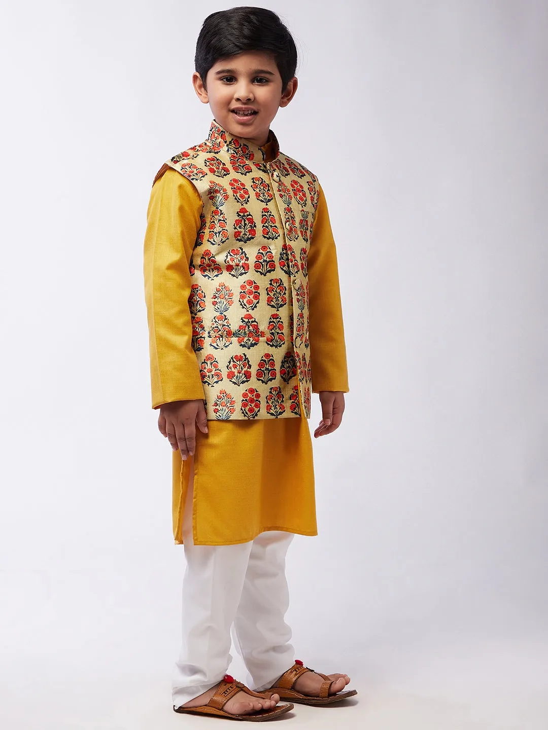 Kid's Cotton Silk Mustard Kurta & Red Nehru Jacket With White Churidar Pyjama Set - Sojanya KID