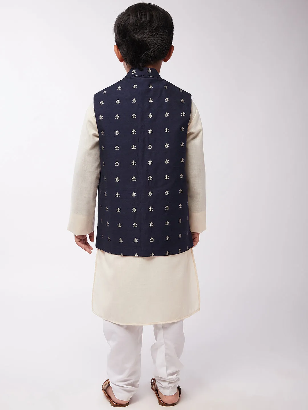 Kid's Cotton Silk Off-White Kurta & Navy Blue Nehru Jacket With White Churidar Pyjama Set  - Sojanya KID