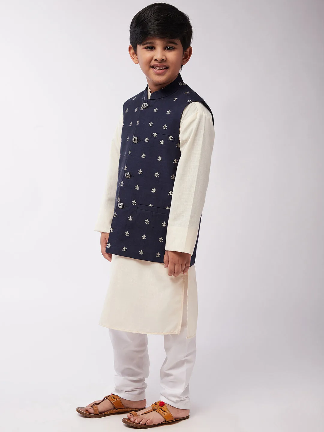 Kid's Cotton Silk Off-White Kurta & Navy Blue Nehru Jacket With White Churidar Pyjama Set  - Sojanya KID